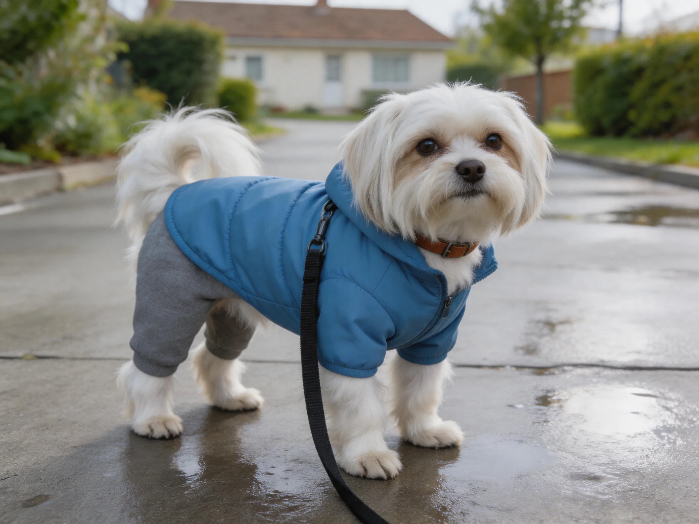 A small white dog in blue jacket and gray pants on a wet street