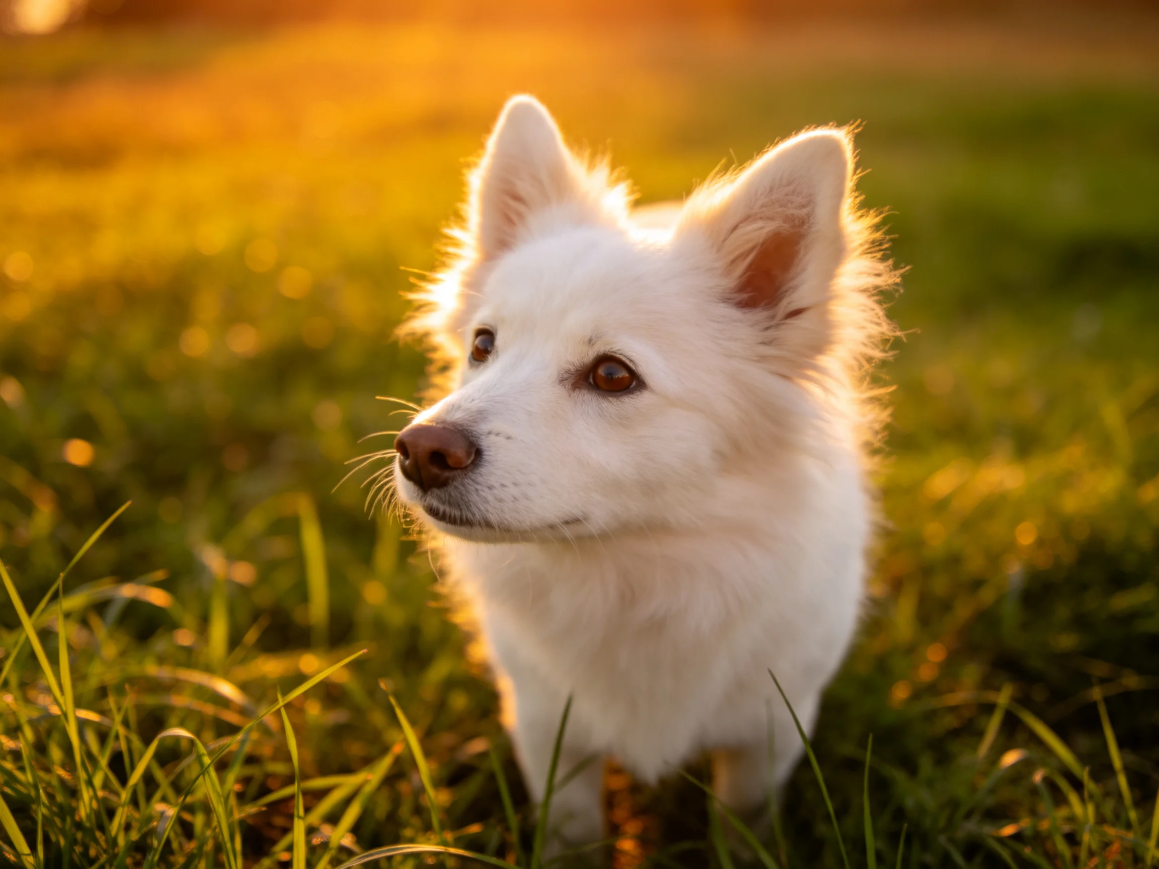 A small white dog stands in sunlit grass under golden light
