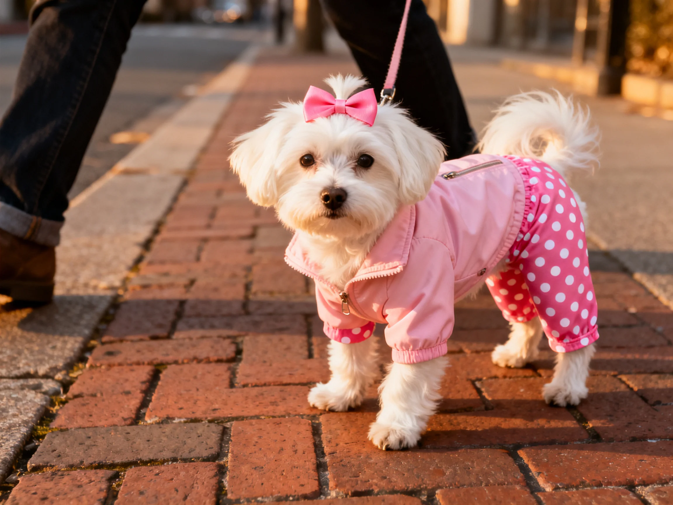 A small white dog in pink polka - dot clothing on a brick sidewalk