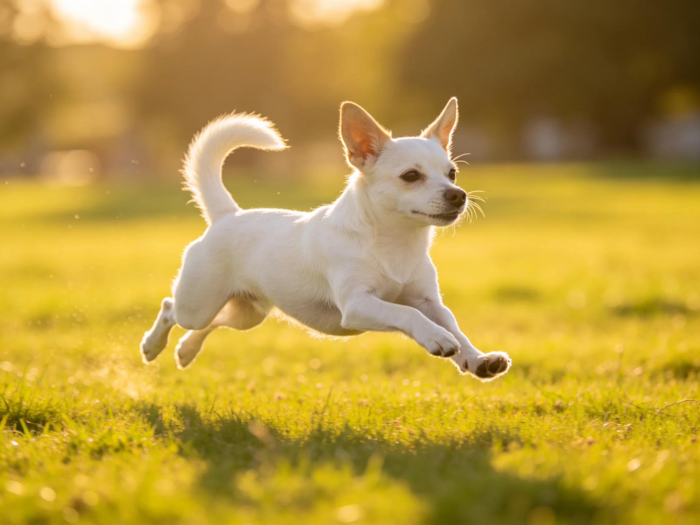 A small white dog joyfully leaps across sun-drenched grassy field
