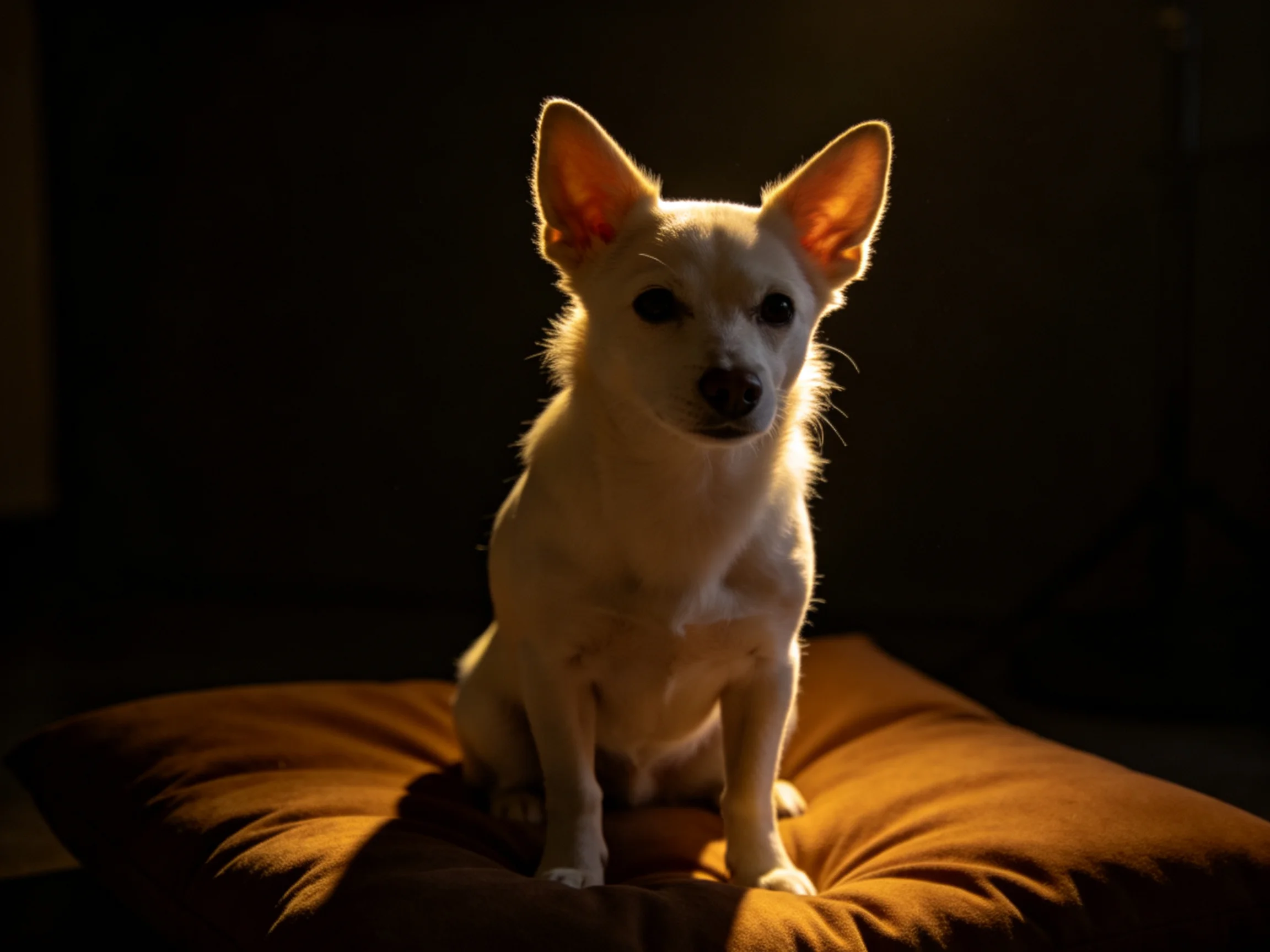 A small white dog sits on a cushion in a dimly lit space.