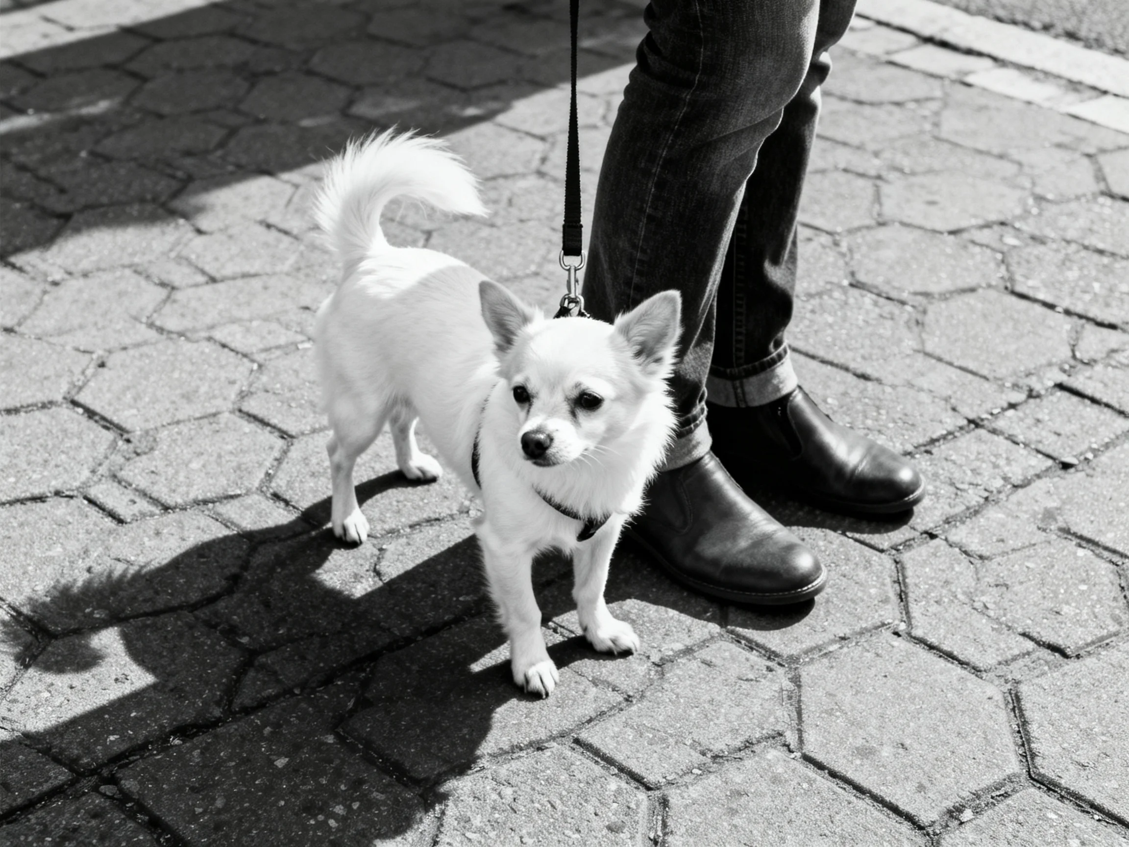 A small white dog on a hexagonal stone path beside dark jeans and boots