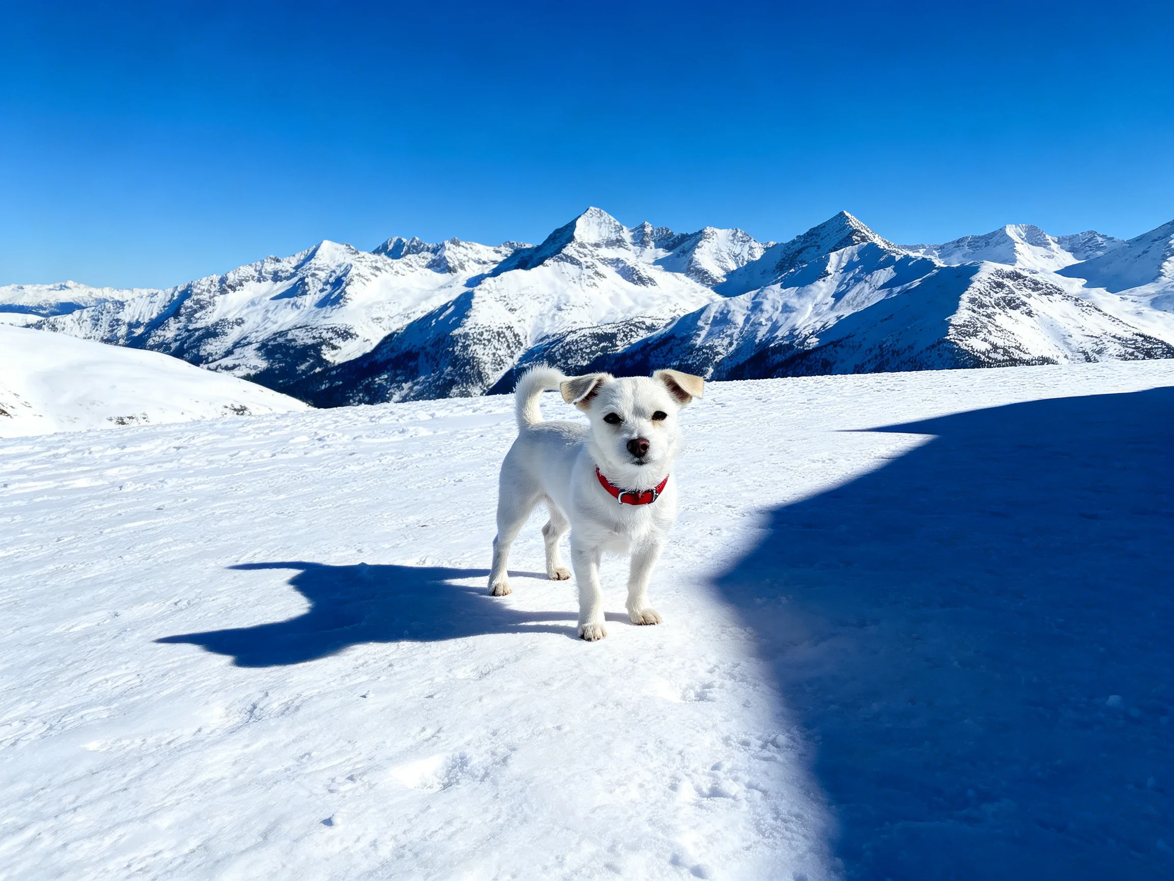 A small white dog on a snow-covered mountain slope with majestic peaks