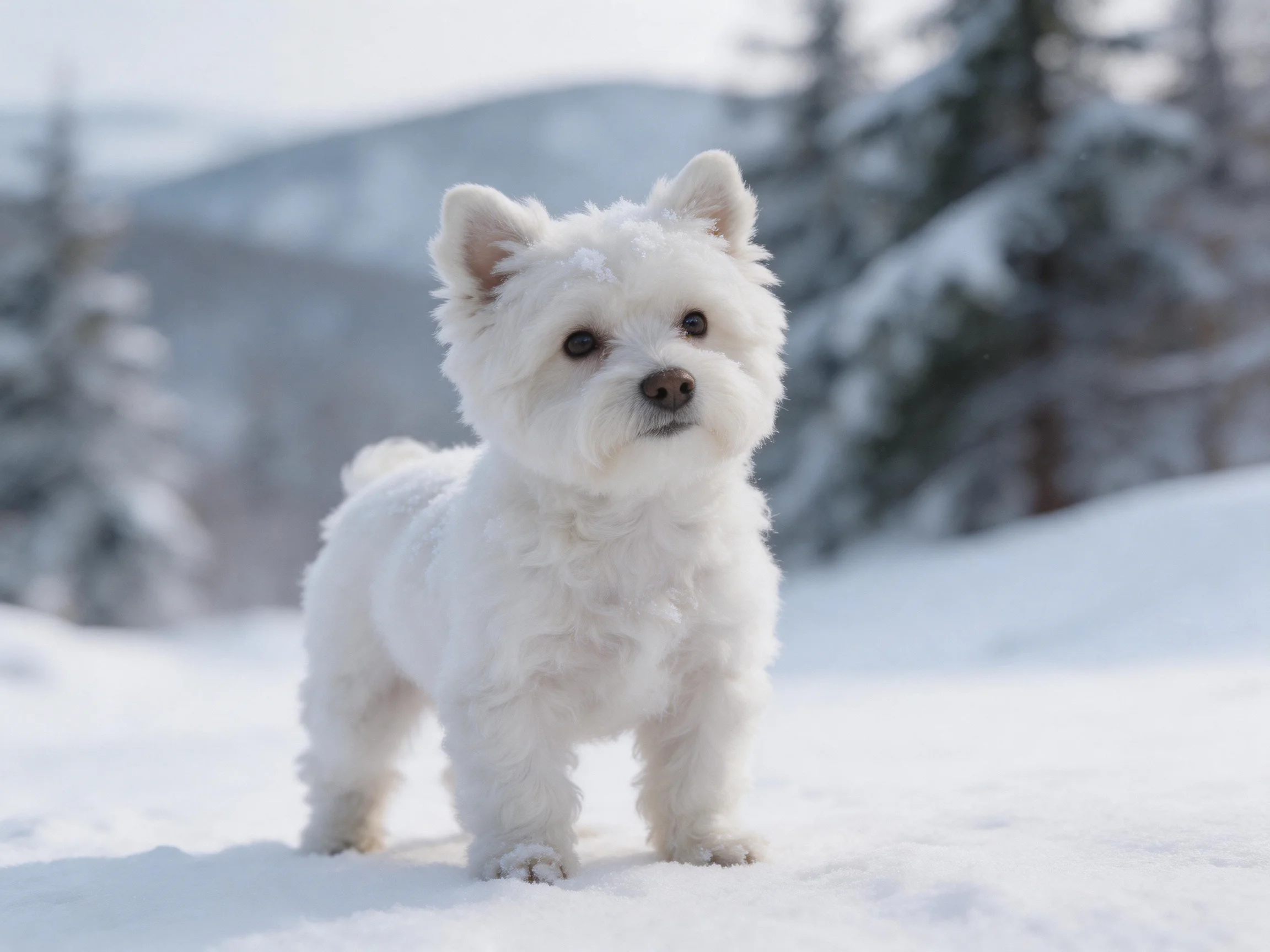 A small white dog stands on a snowy surface with evergreen trees in the distance.