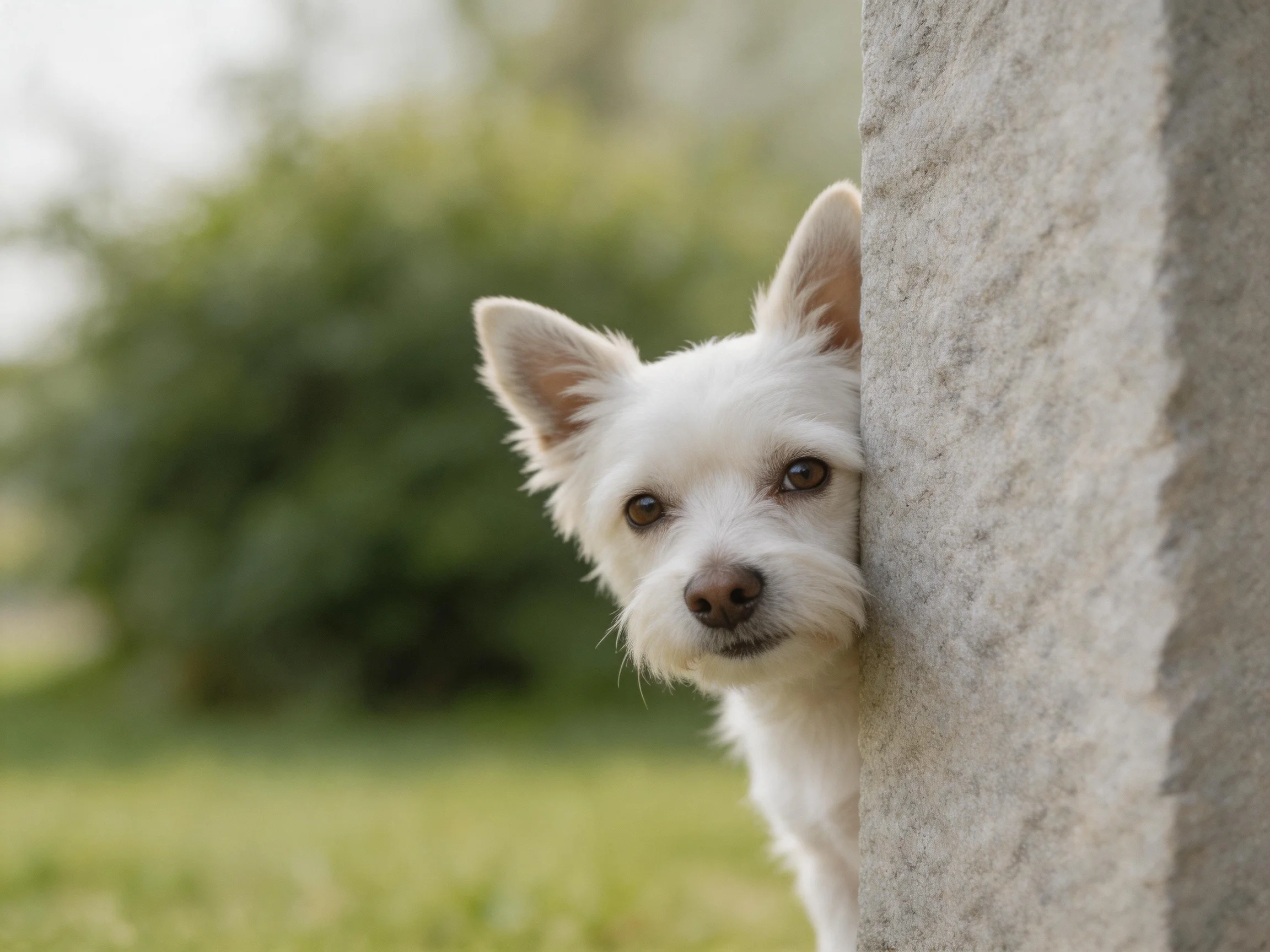 A small white dog peeks from behind a stone structure amid greenery.