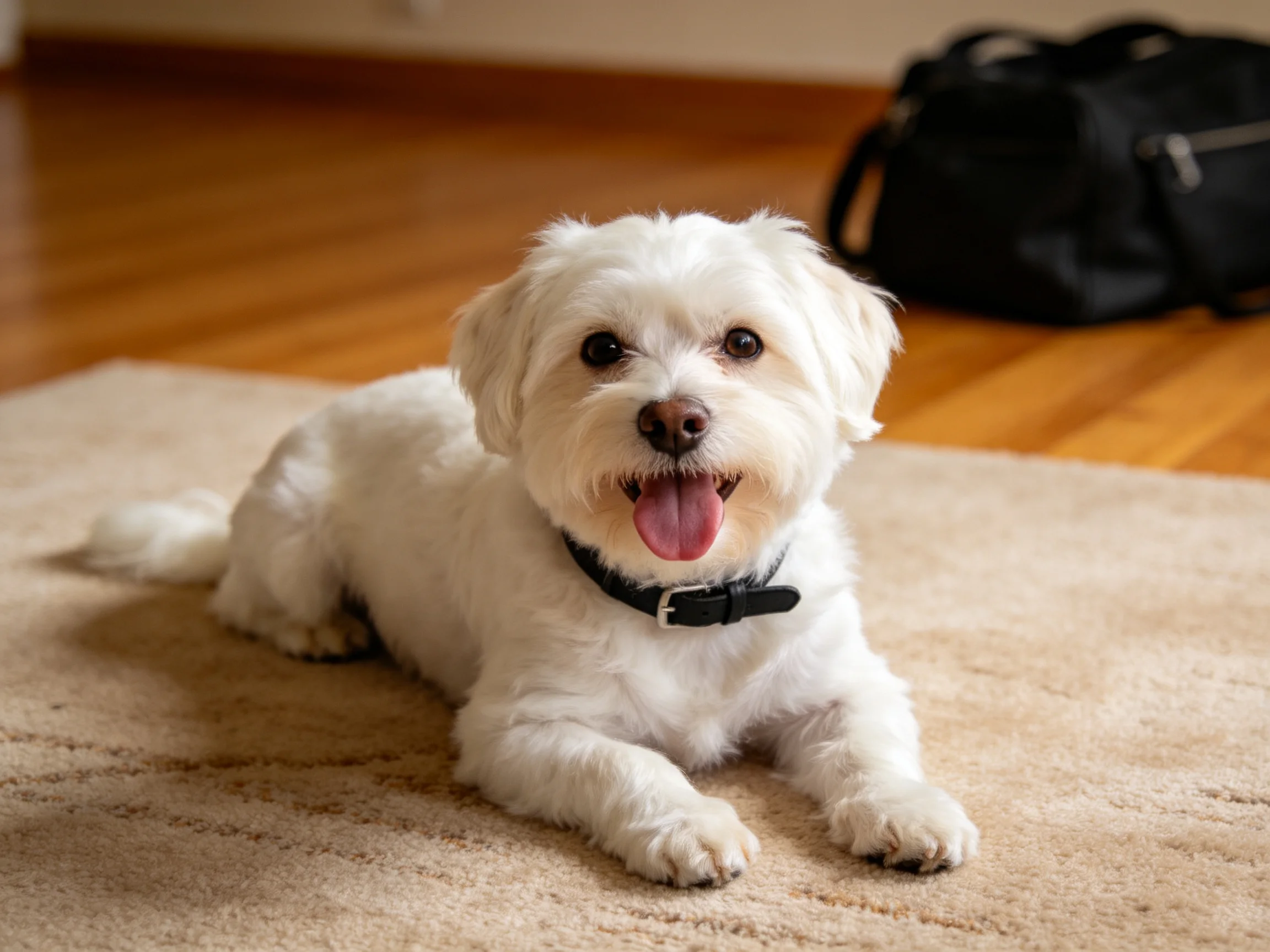 A small white dog relaxes on a beige rug near a wooden floor