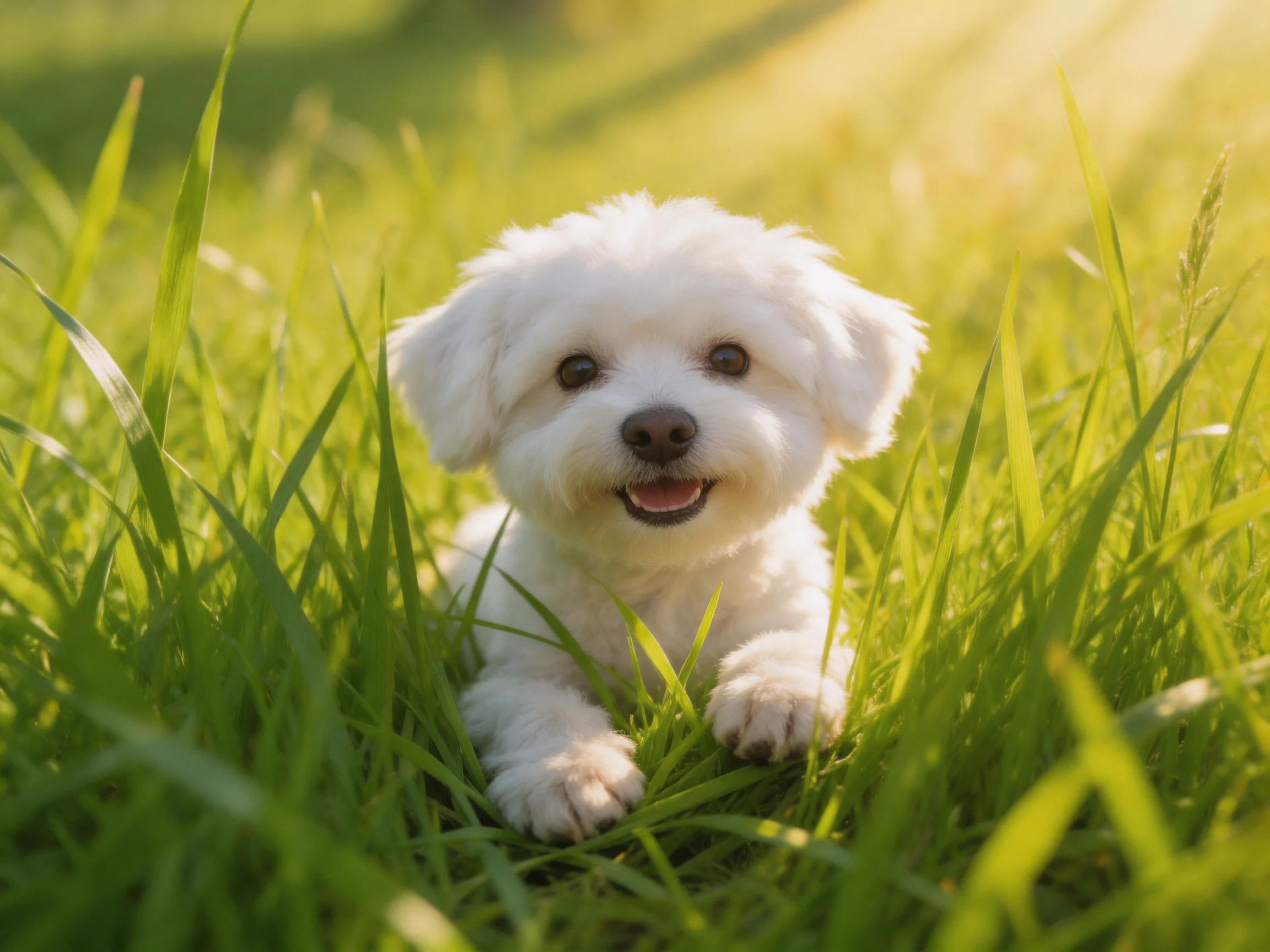 A small white dog relaxes in tall green grass during a sunny day.