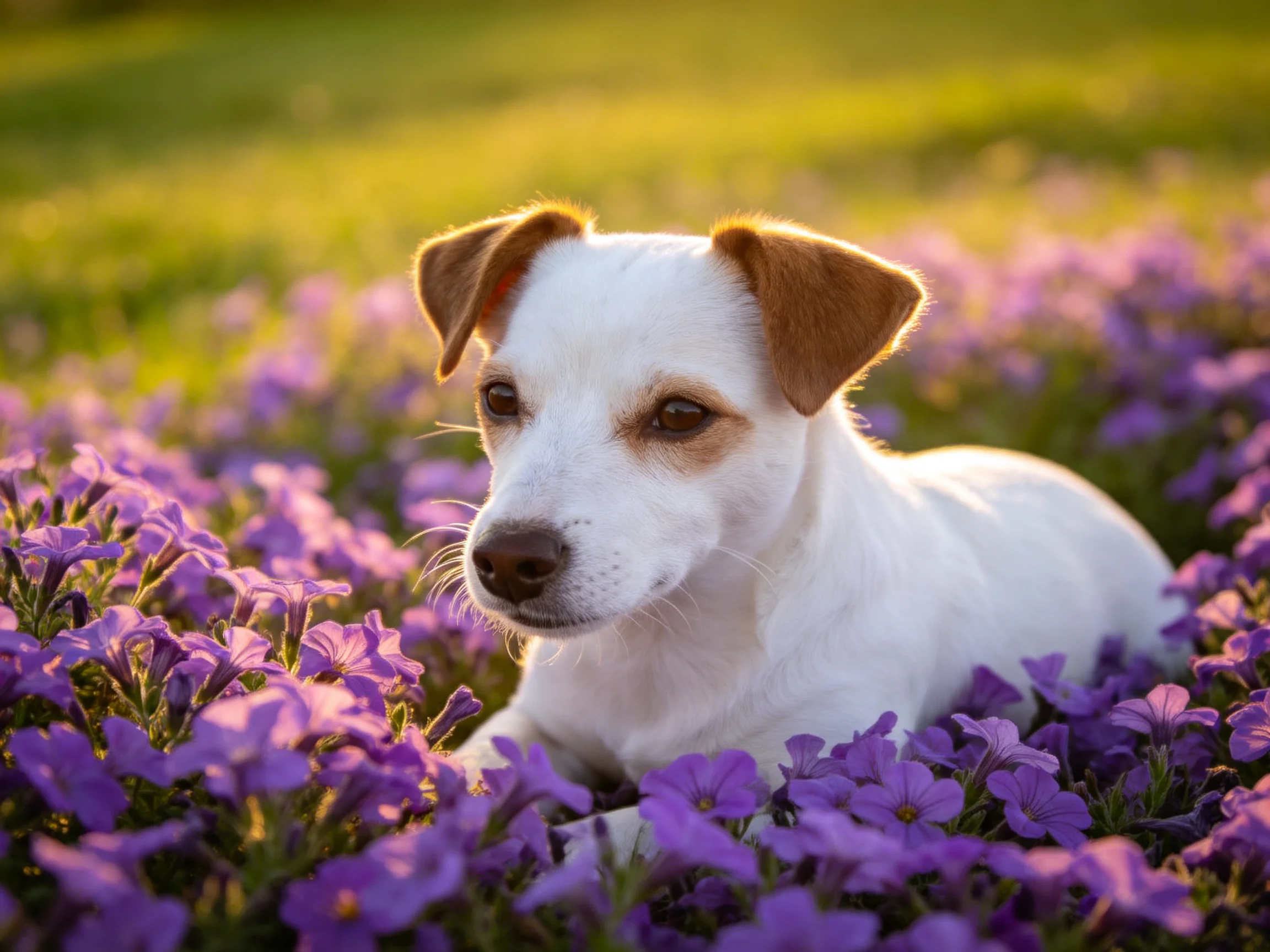 A small white dog lies among purple flowers in a sunlit outdoor area.