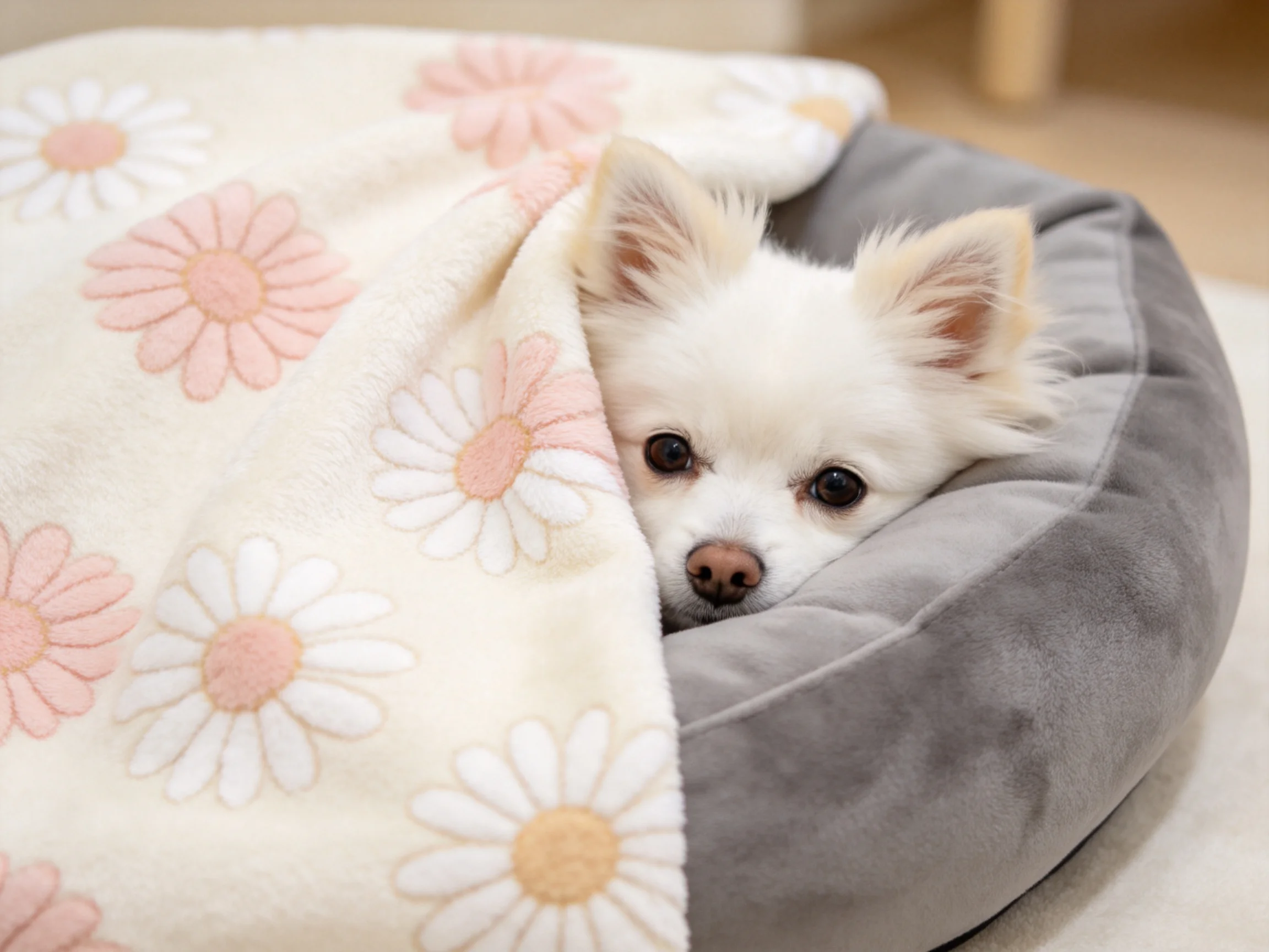 A small white dog rests in a gray pet bed with pink-flowered blanket