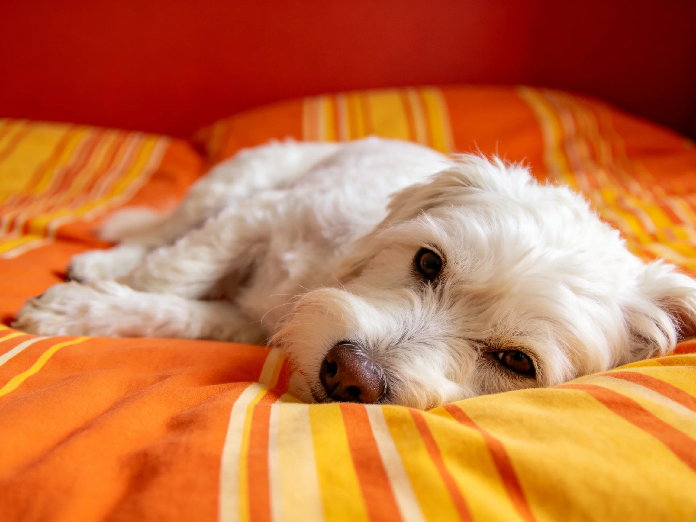 A small white dog rests on a striped bed