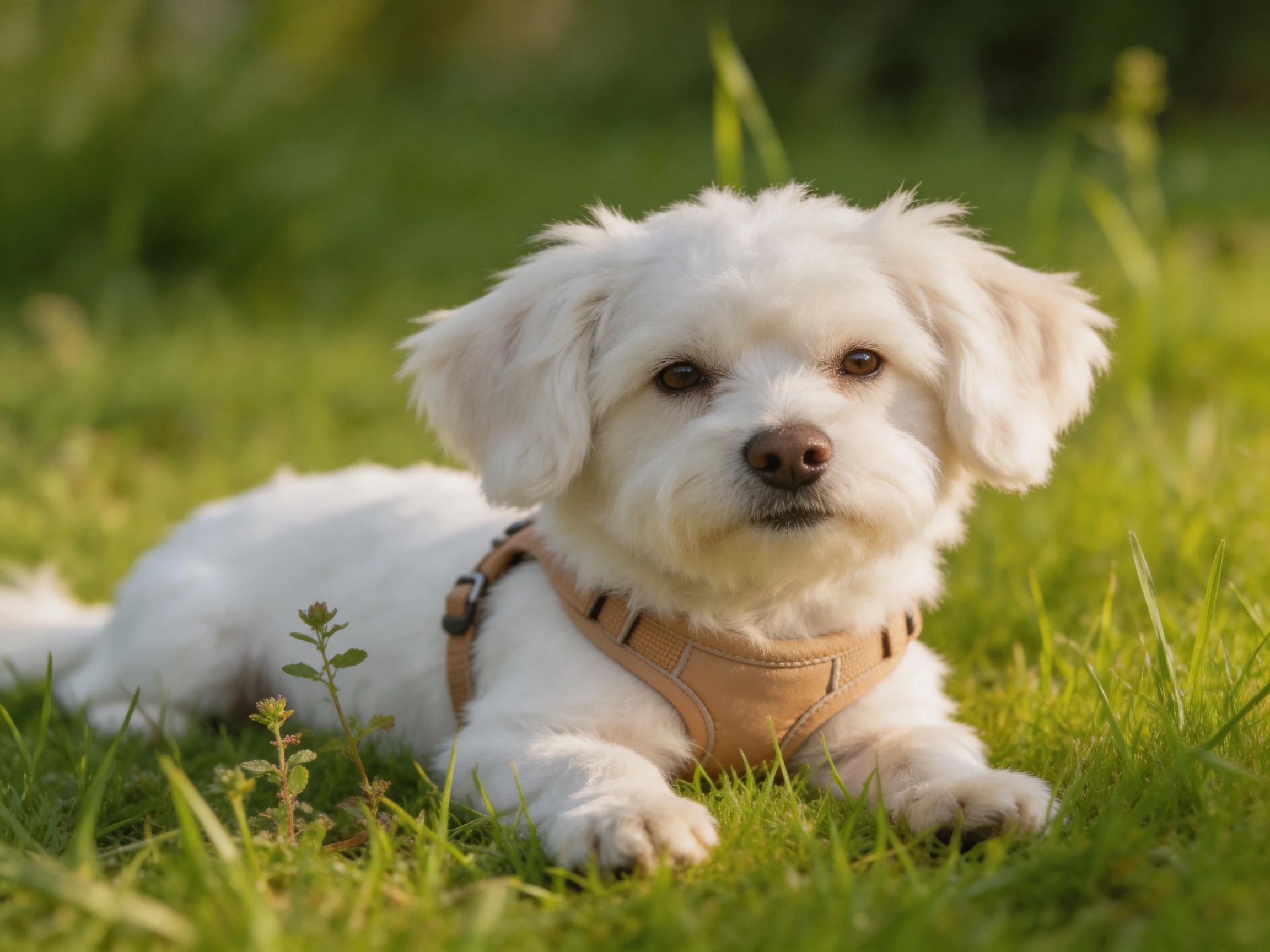 A small white dog relaxes on green grass in a sunlit outdoor area.