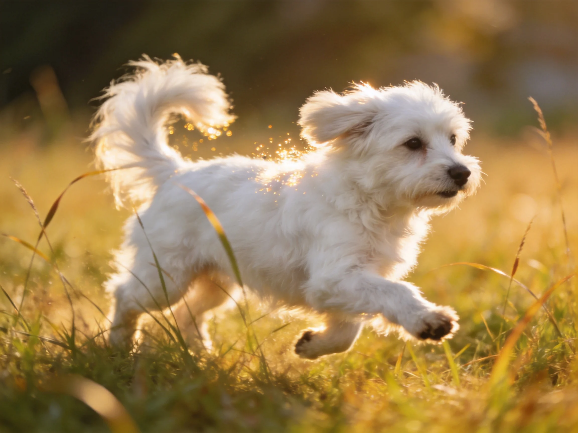 A small white dog runs through grass in a sunlit meadow.