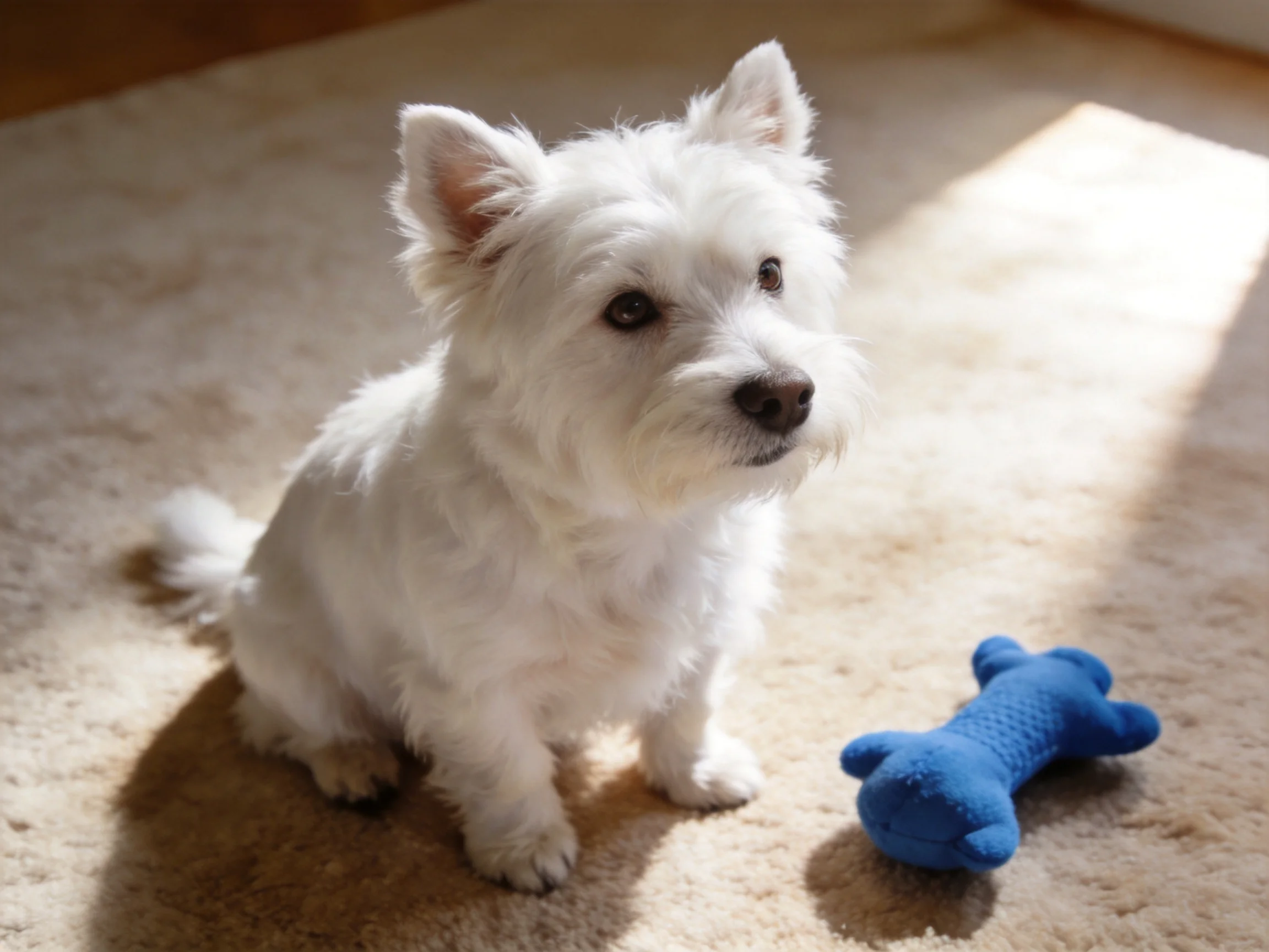 A small white dog sits near a blue plush bone toy on a carpet