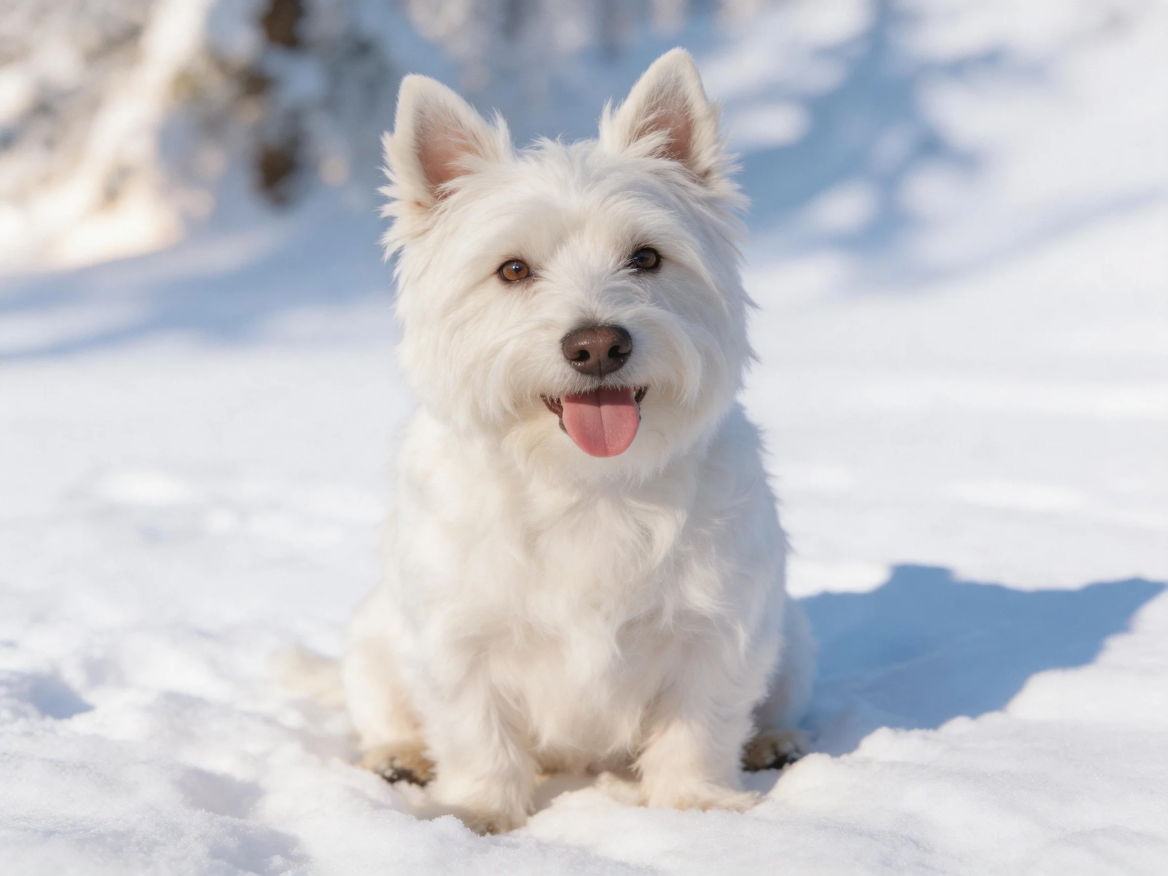 A small white dog sits happily in a bright snowy landscape