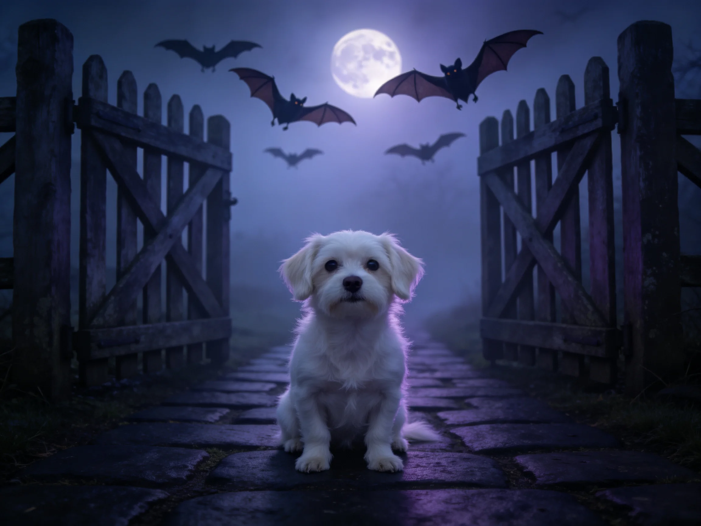 A small white dog sits near an open wooden gate with bats flying under a full moon.