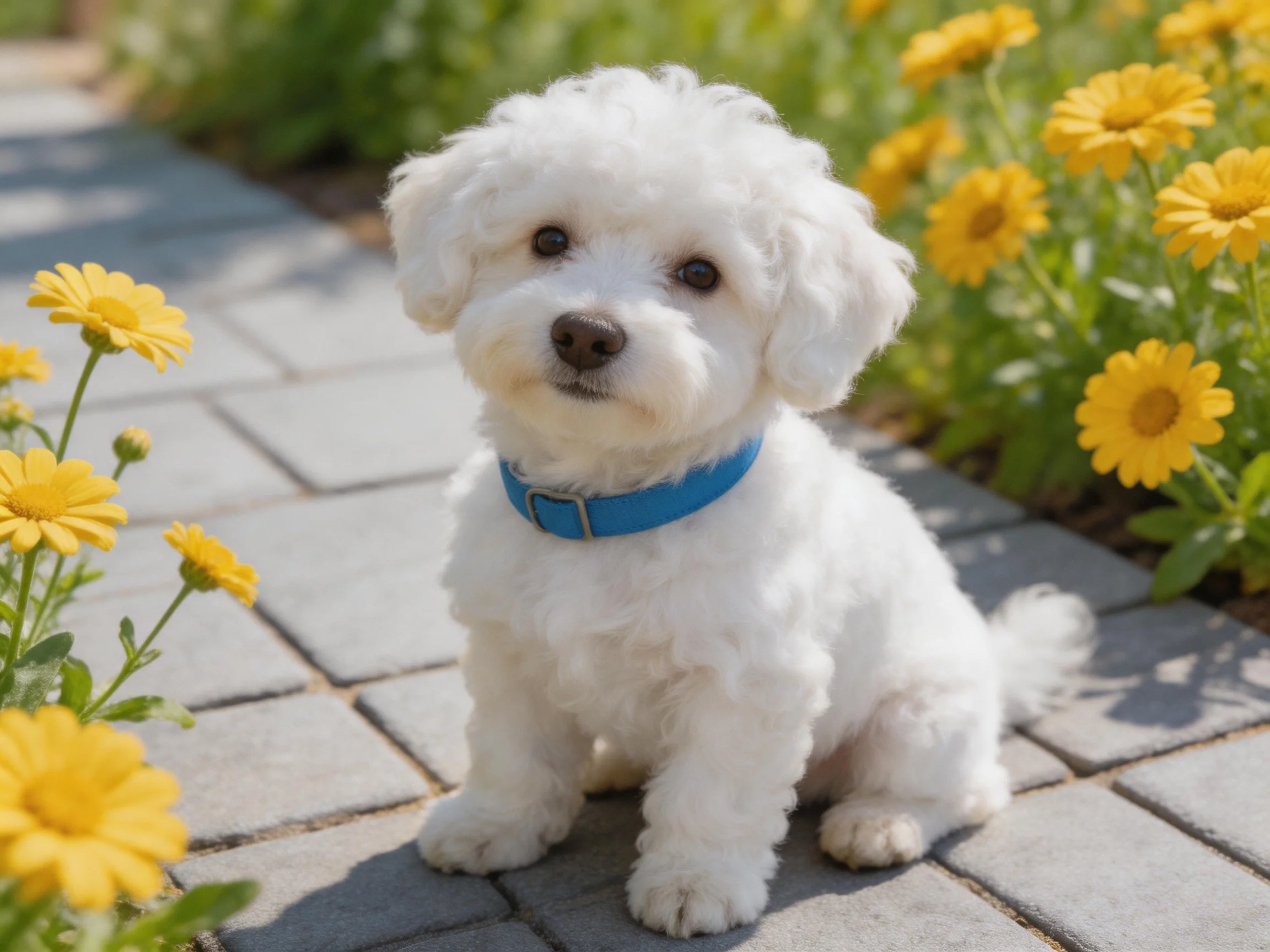 A small white dog sits among yellow flowers on a stone pathway.