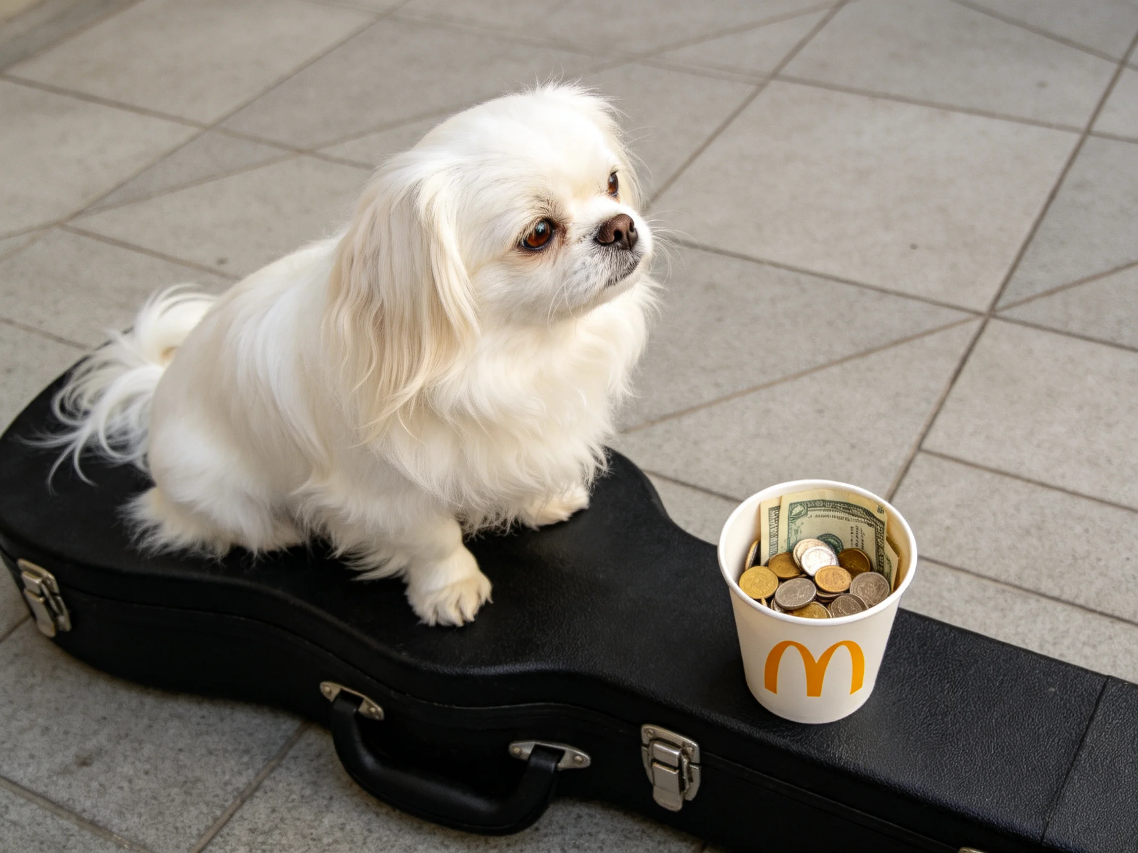A small white dog sits on a black guitar case near a McDonalds cup with coins and money