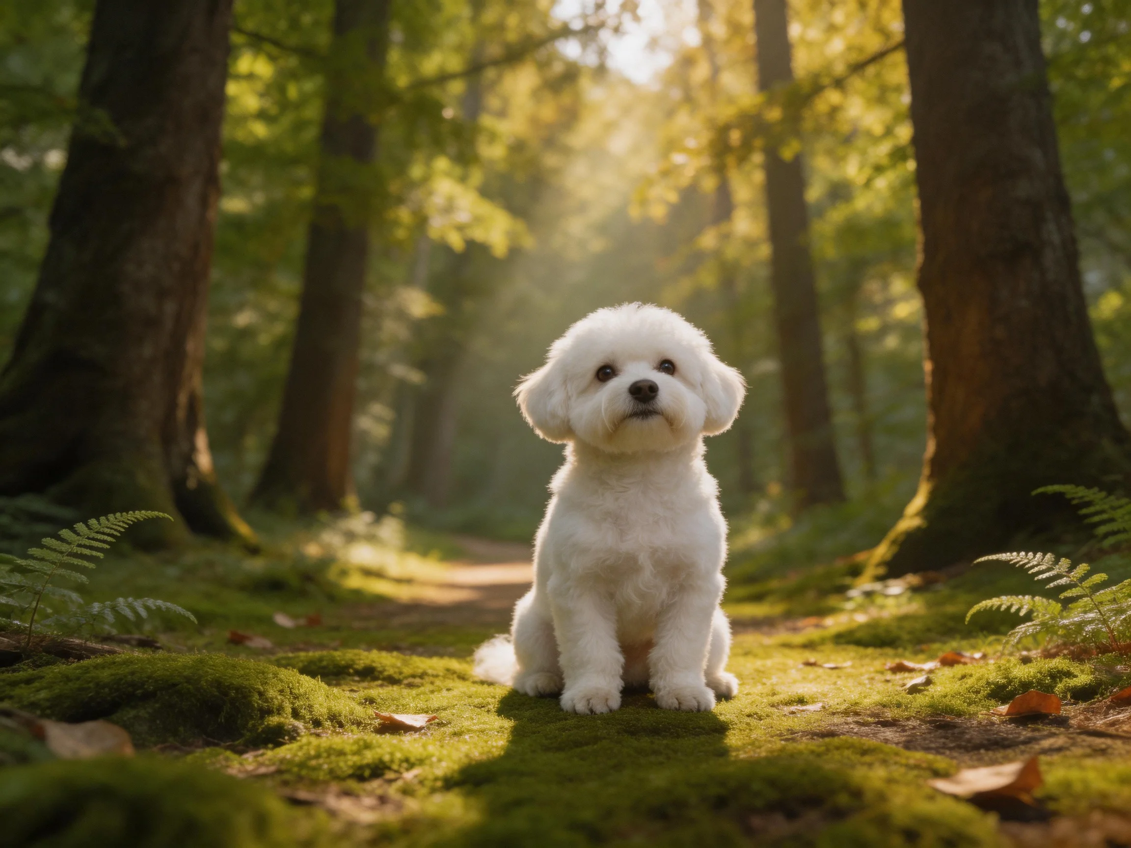 A small white dog sits on a moss-covered forest path with tall trees