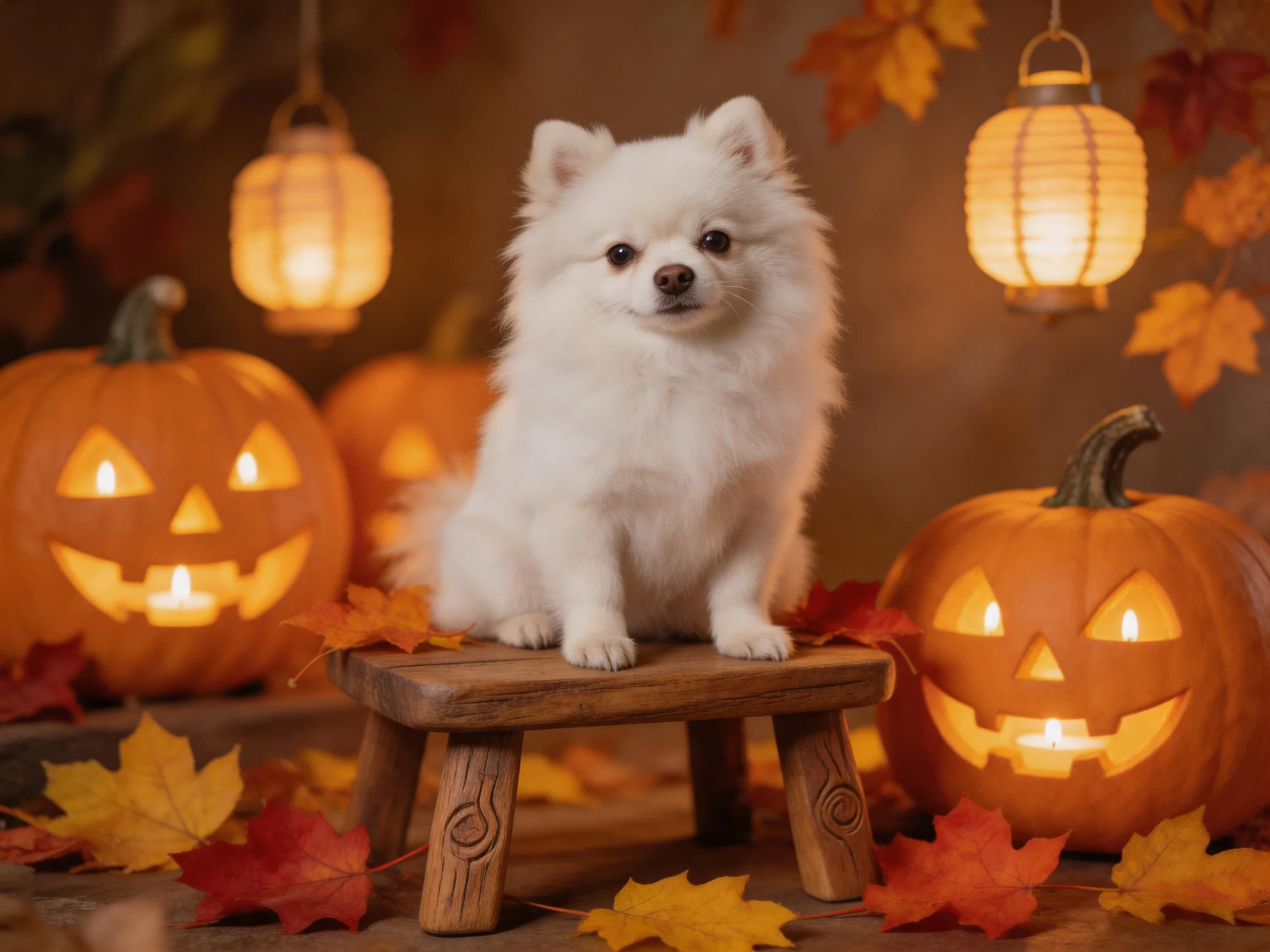 A small white dog sits on a stool among carved pumpkins and lanterns.