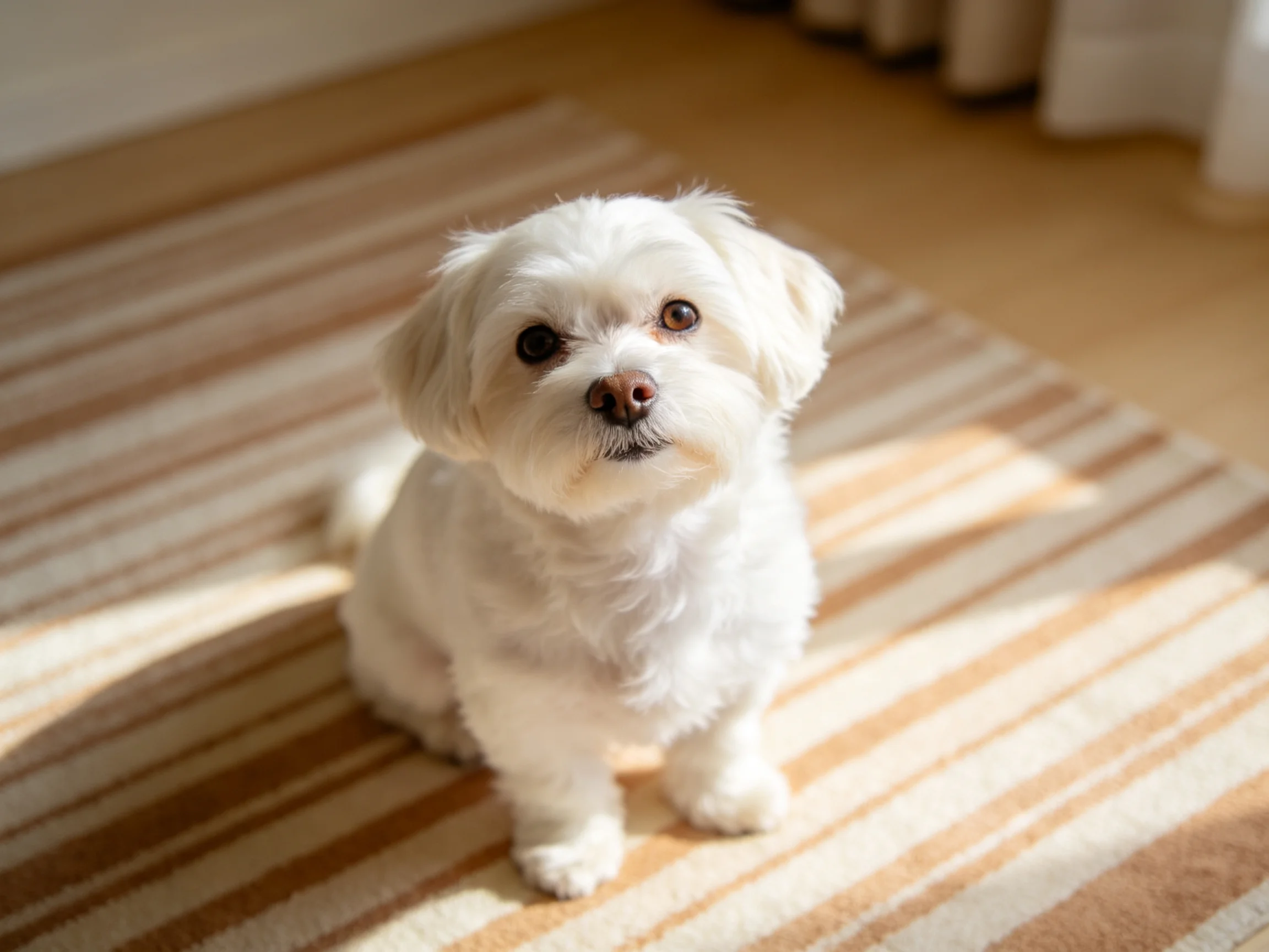 A small white dog sits calmly on a striped rug inside.