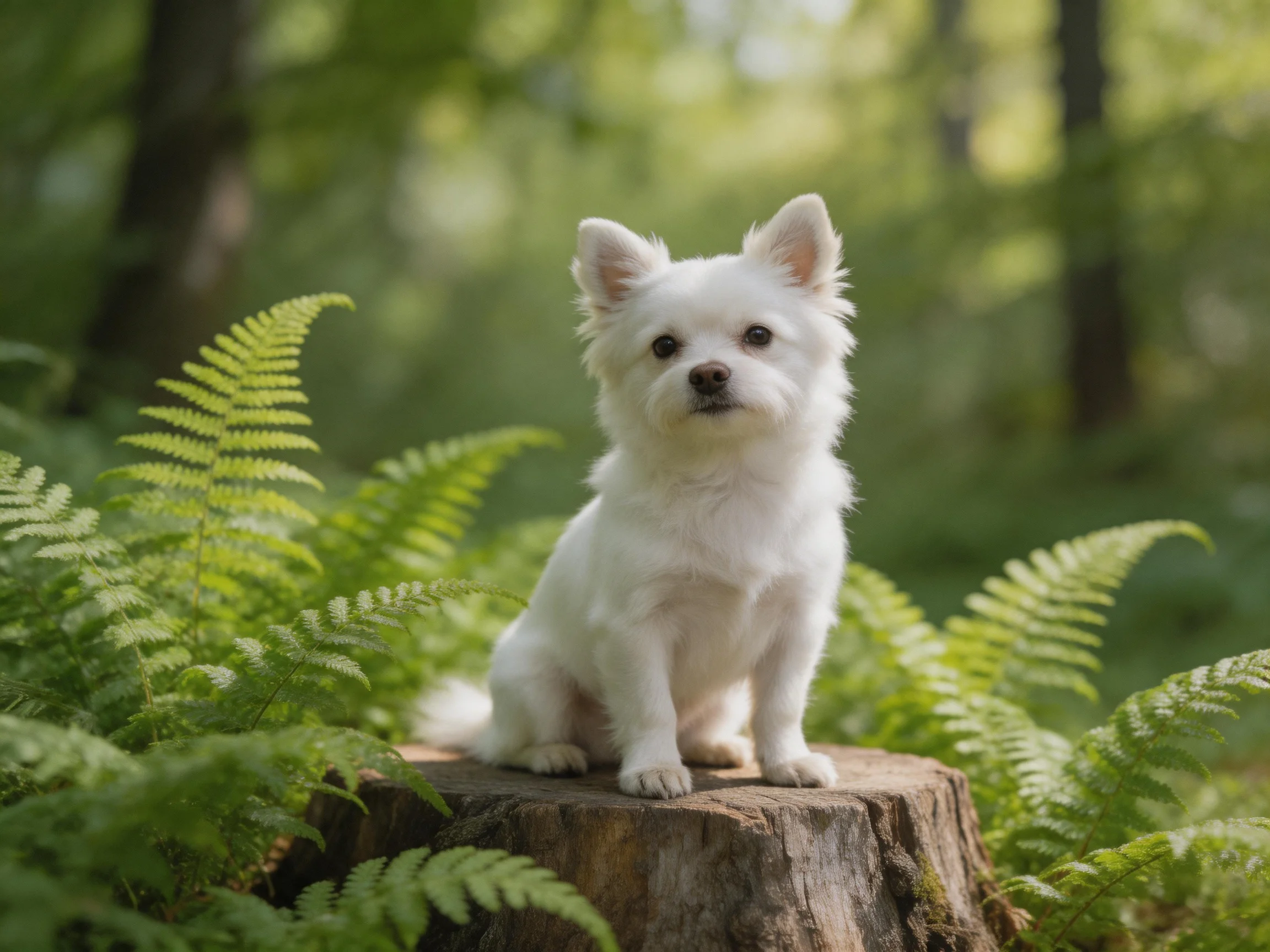 A small white dog sits on a tree stump surrounded by ferns in a forest