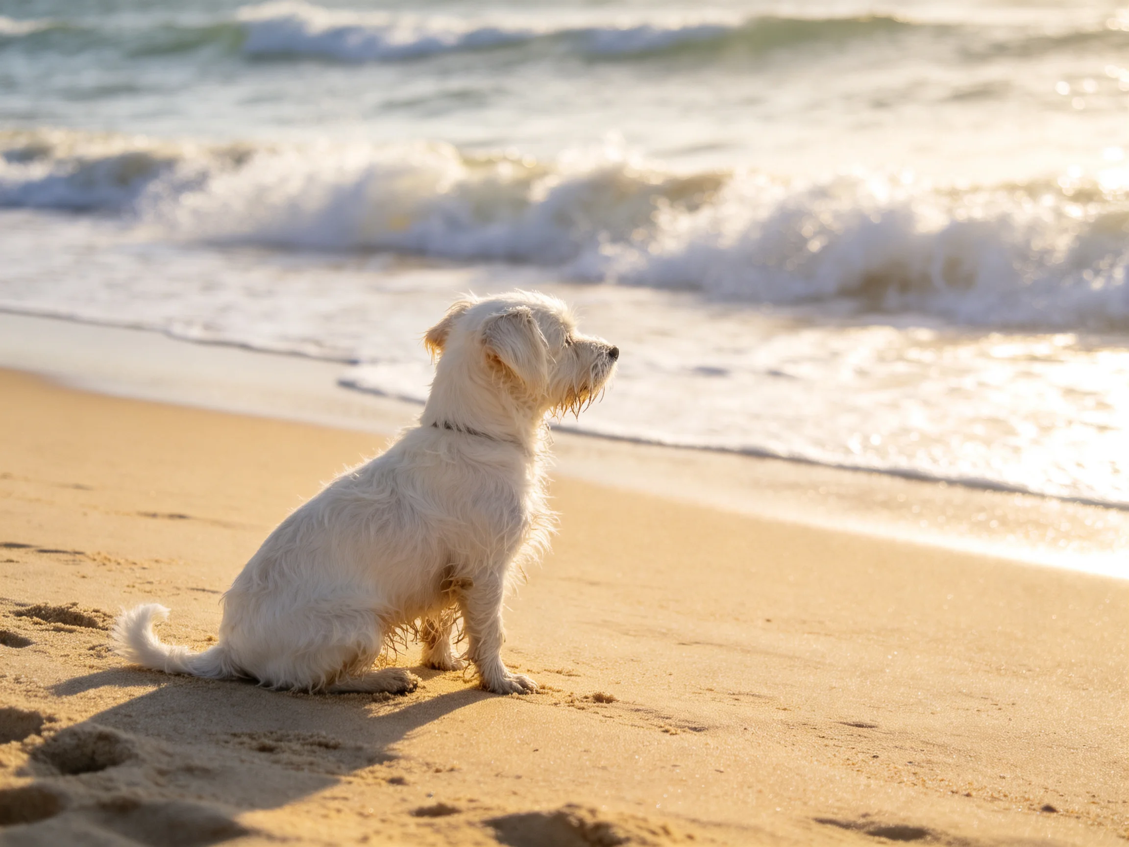 A small white dog sits on the beach watching the ocean waves