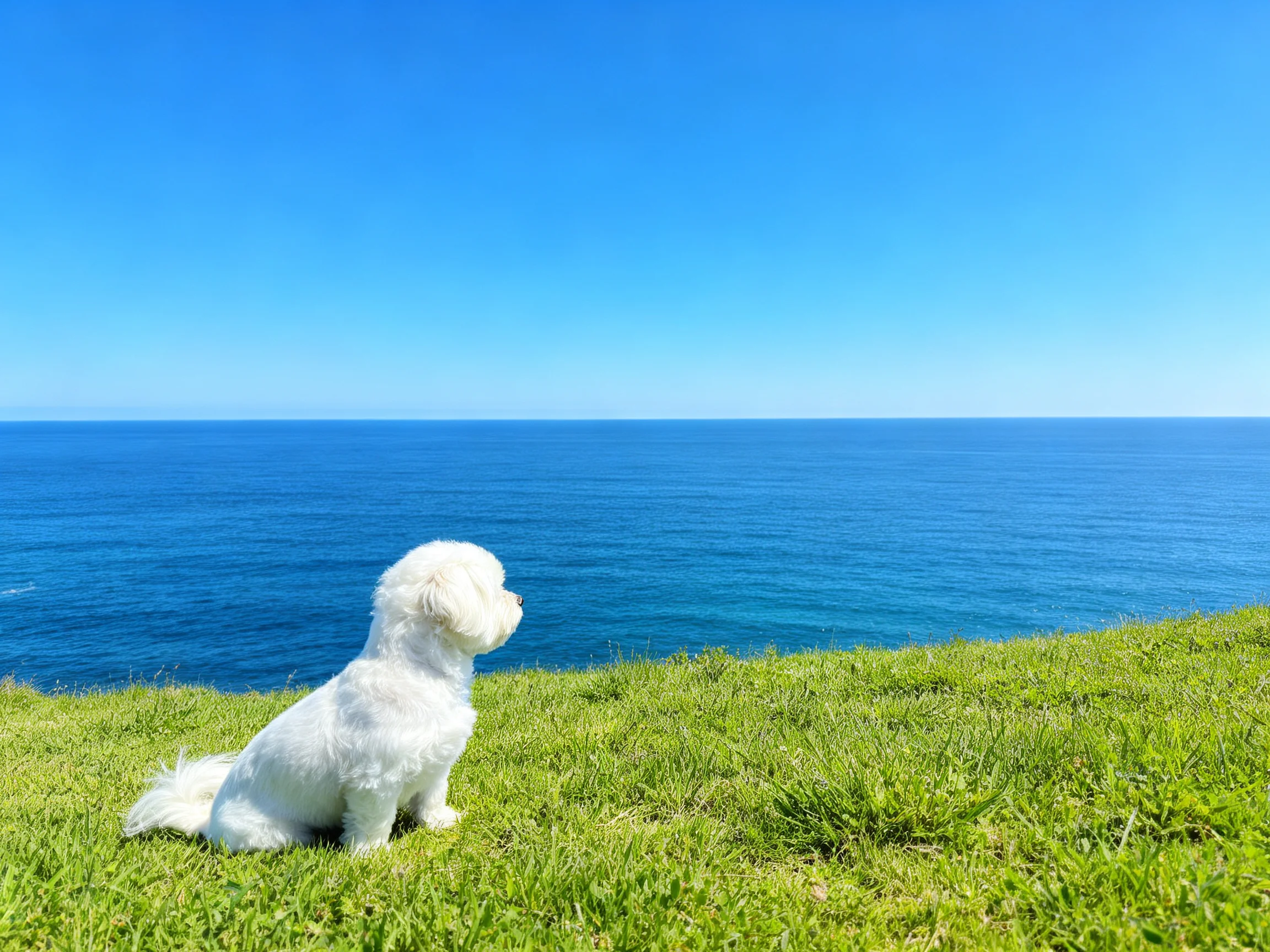 A small white dog sits on grass, gazing at the calm blue ocean.