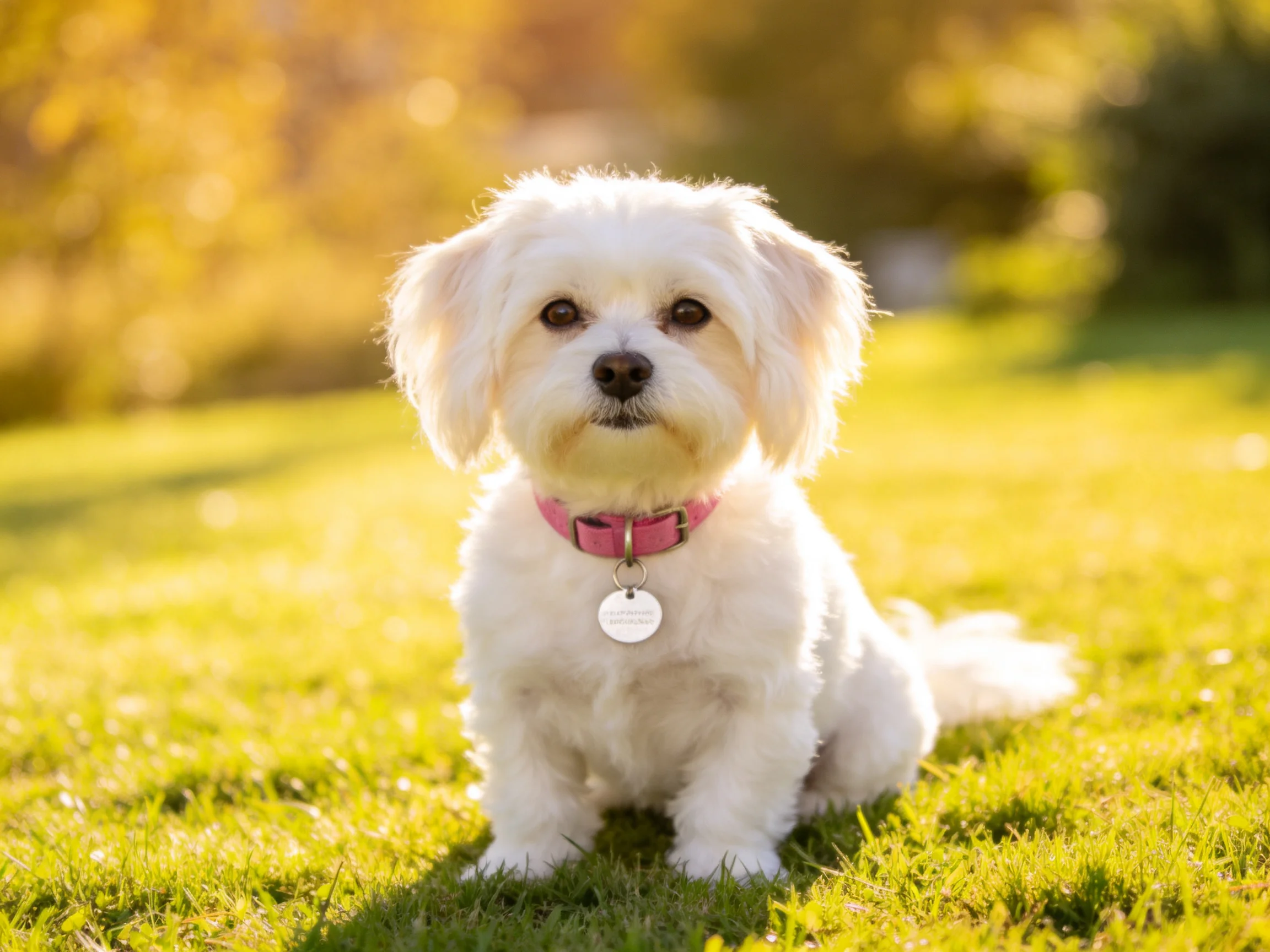A small white dog with a pink collar sits on bright green grass in a sunny outdoor setting.