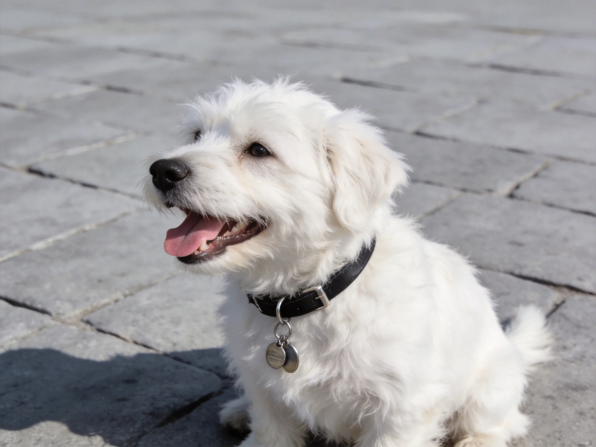 A small white dog sitting on gray stone pavement with a black collar