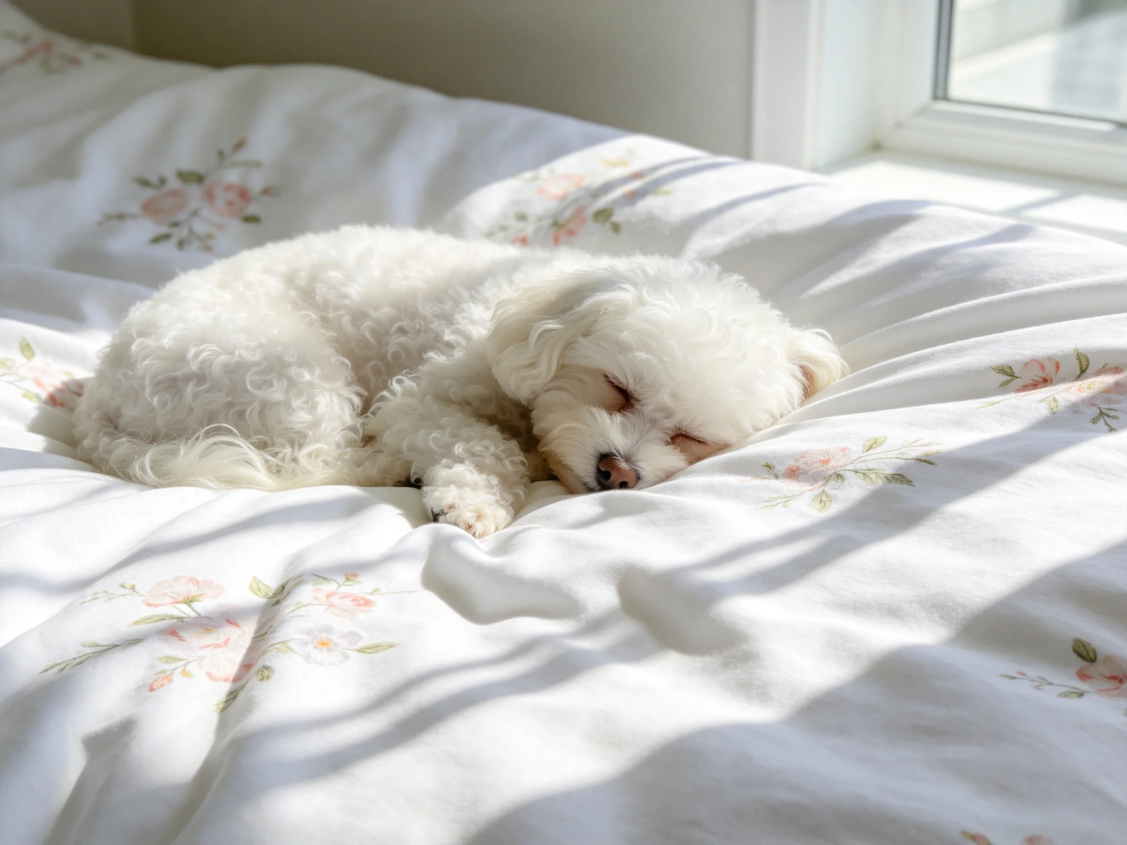 A small white dog sleeps on a floral bed near a sunlit window