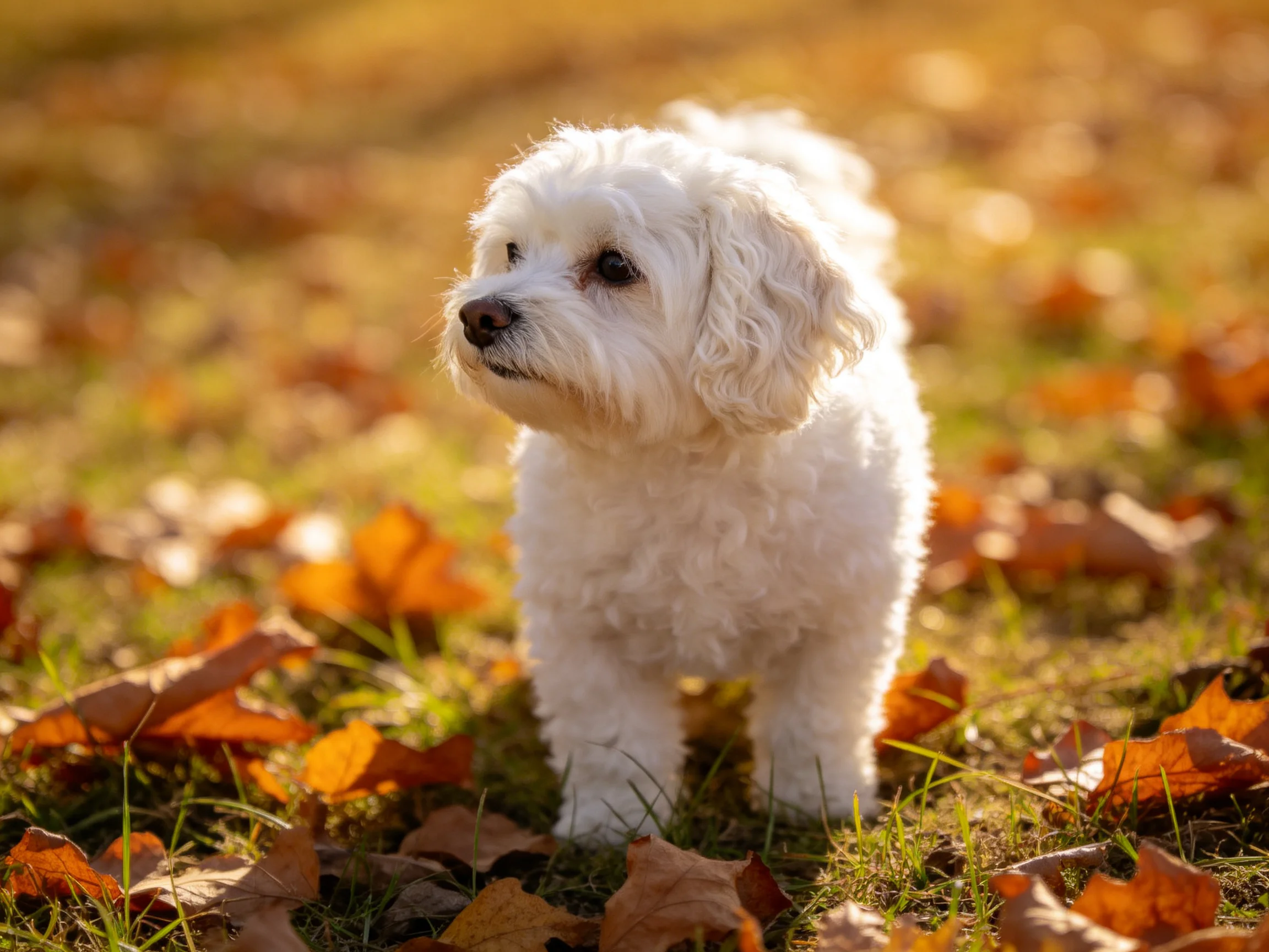 A small white dog explores a field of fallen autumn leaves in bright sunlight.