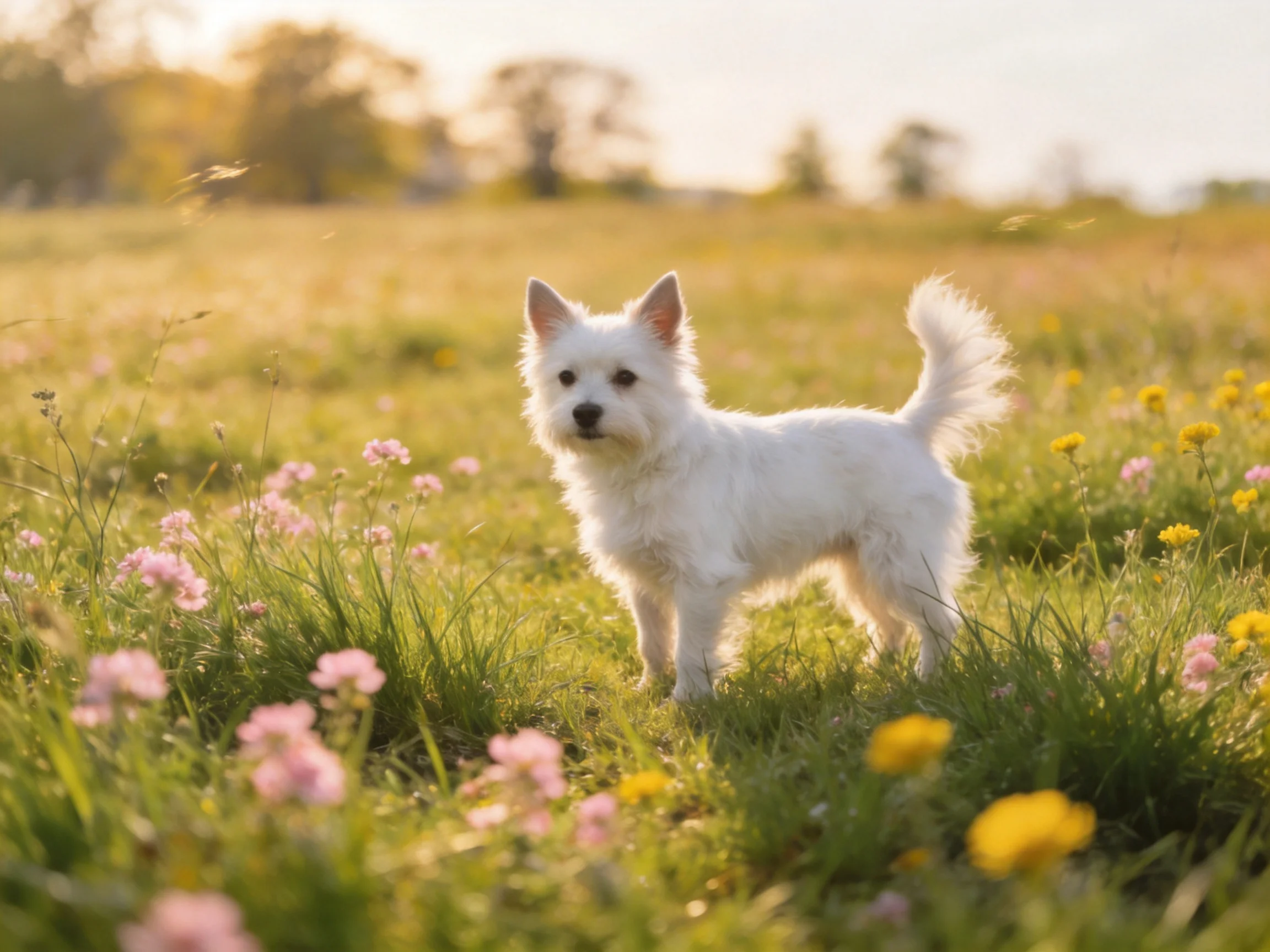 A small white dog stands among wildflowers in a sunlit meadow.