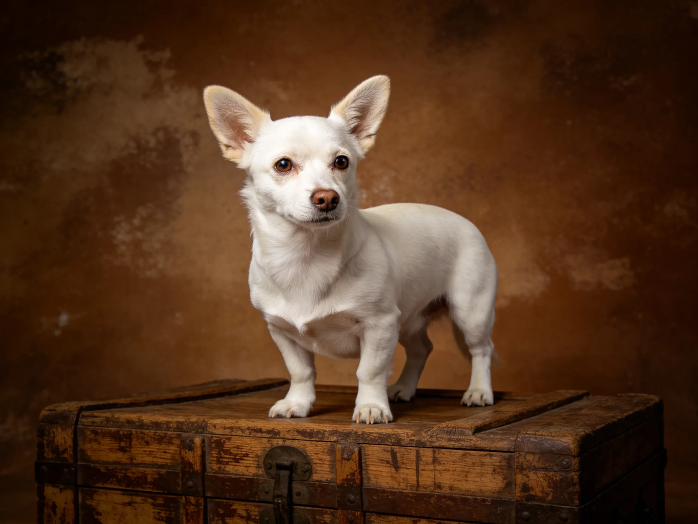 A small white dog stands on an aged wooden chest before a brown textured wall.
