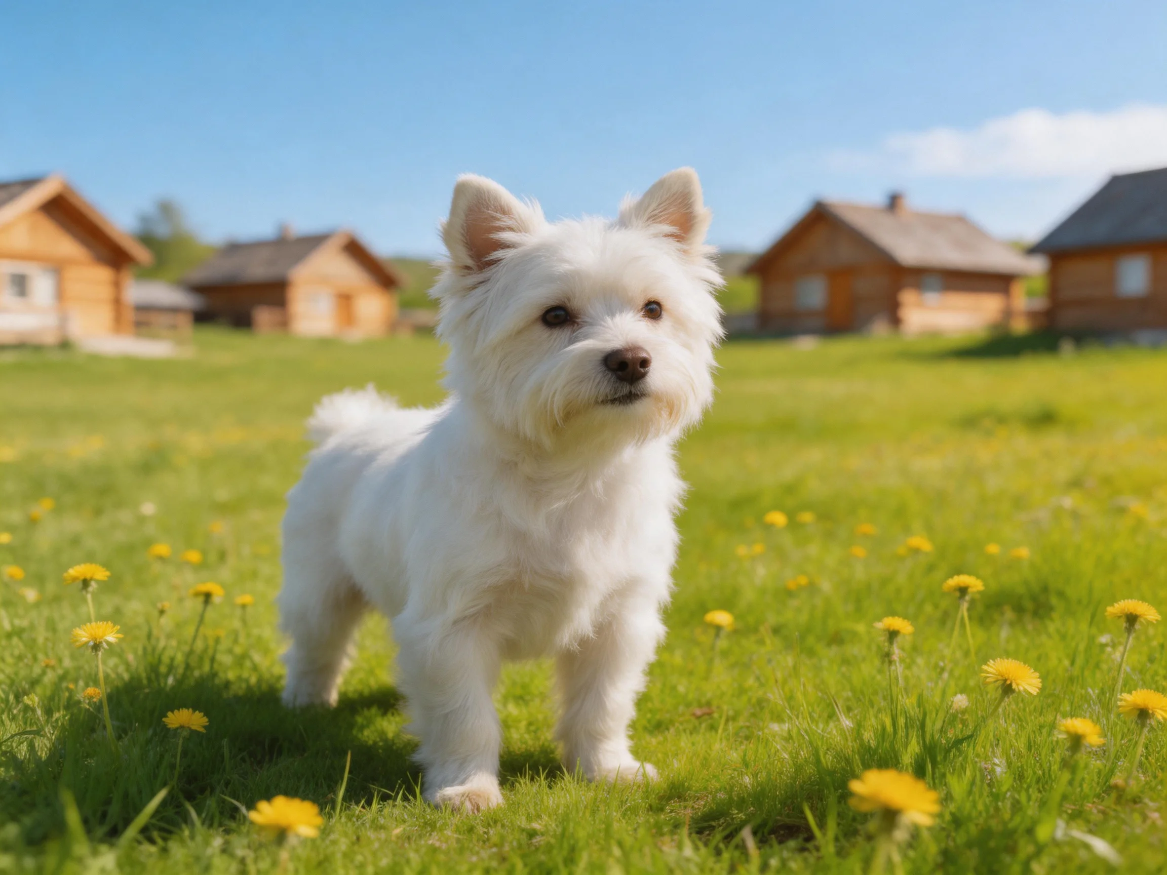 A small white dog stands in a sunlit meadow with yellow flowers and wooden cabins in the background.