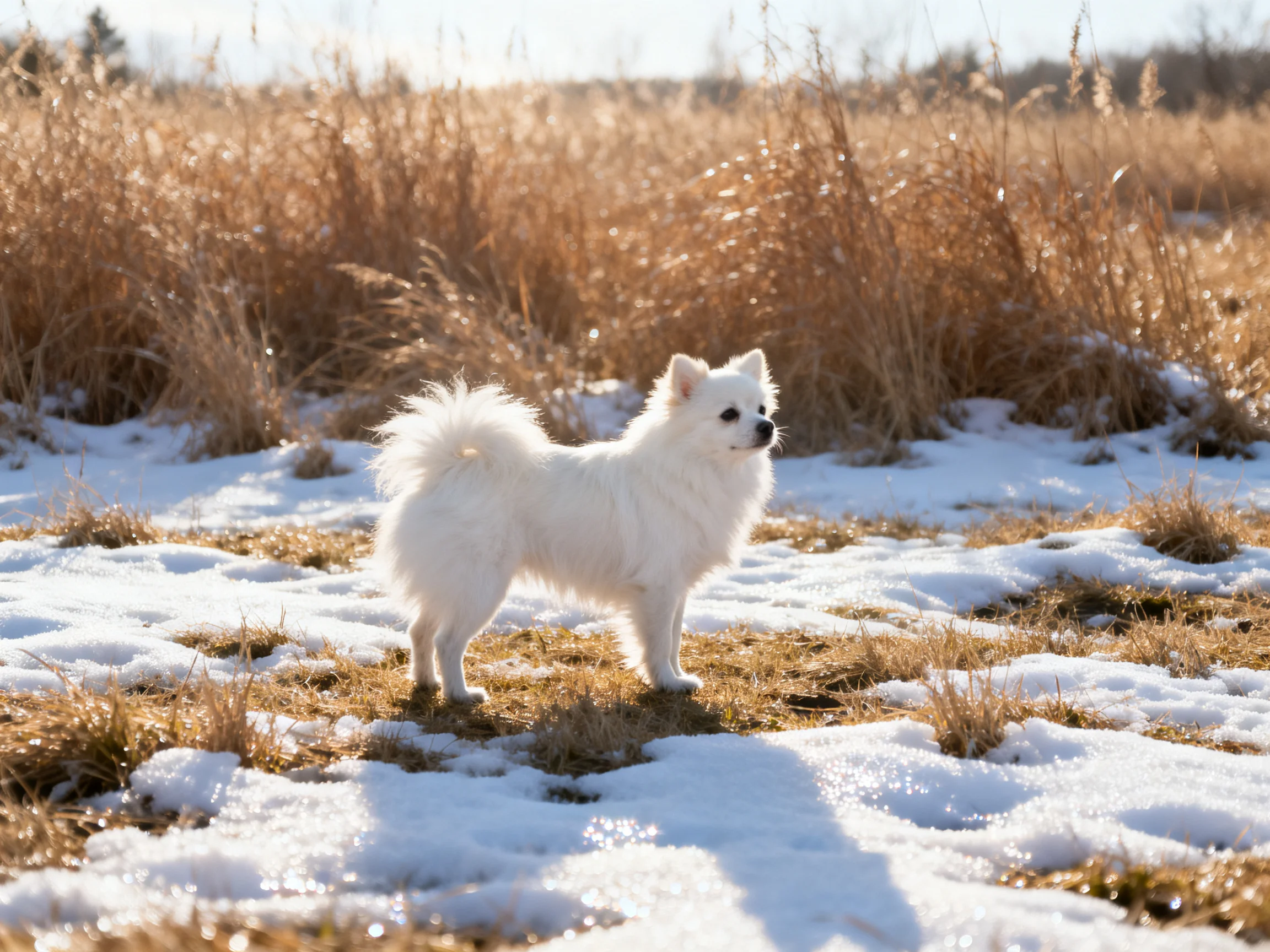A small white dog stands in a partially snow - covered field with patches of golden grass.