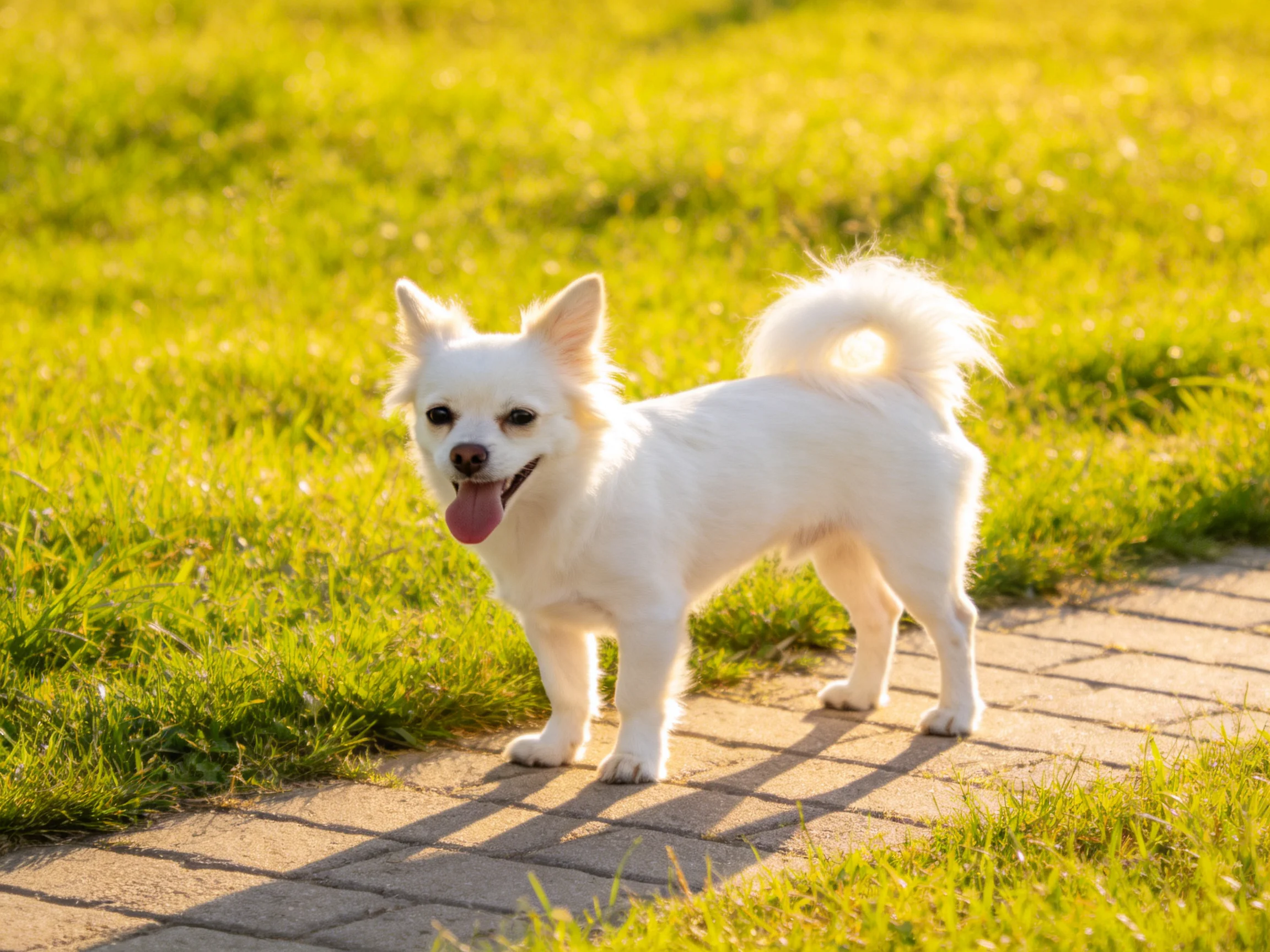 A small white dog stands on a brick path in a sunlit grassy area.