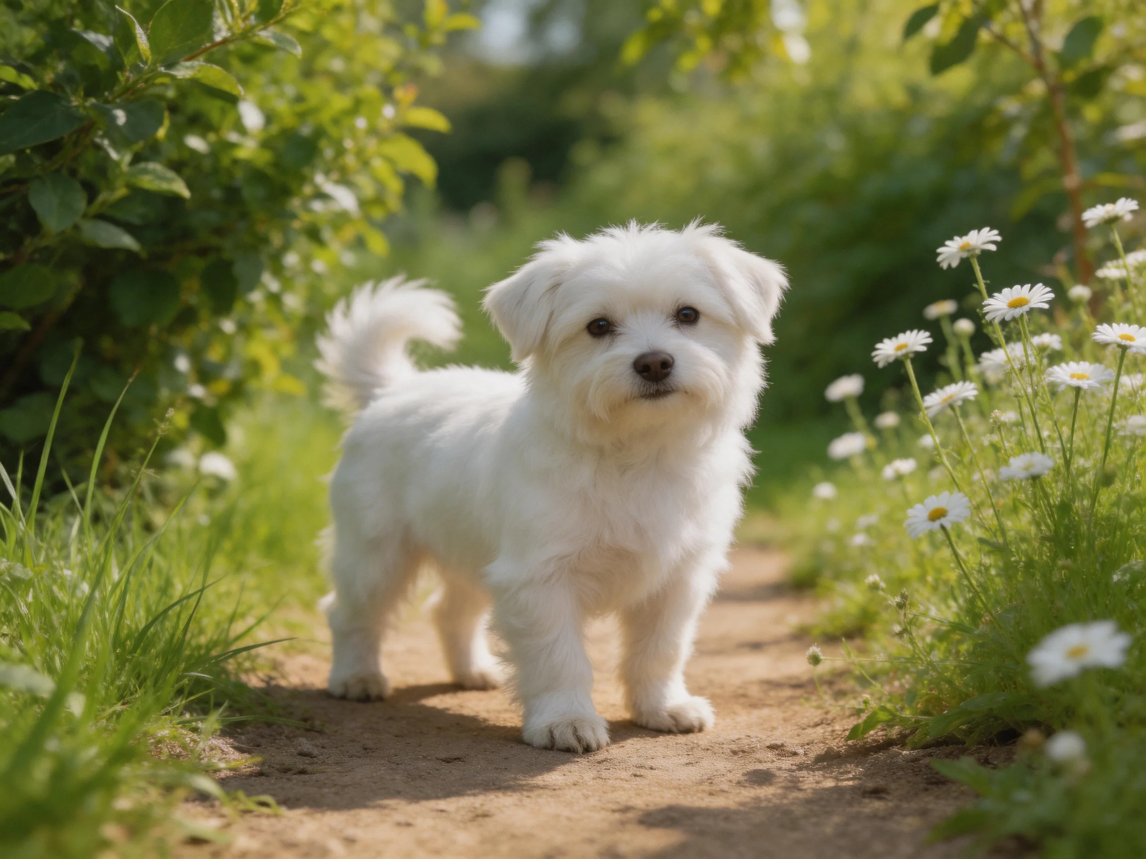 A small white dog stands on a sunlit dirt path near greenery and daisies