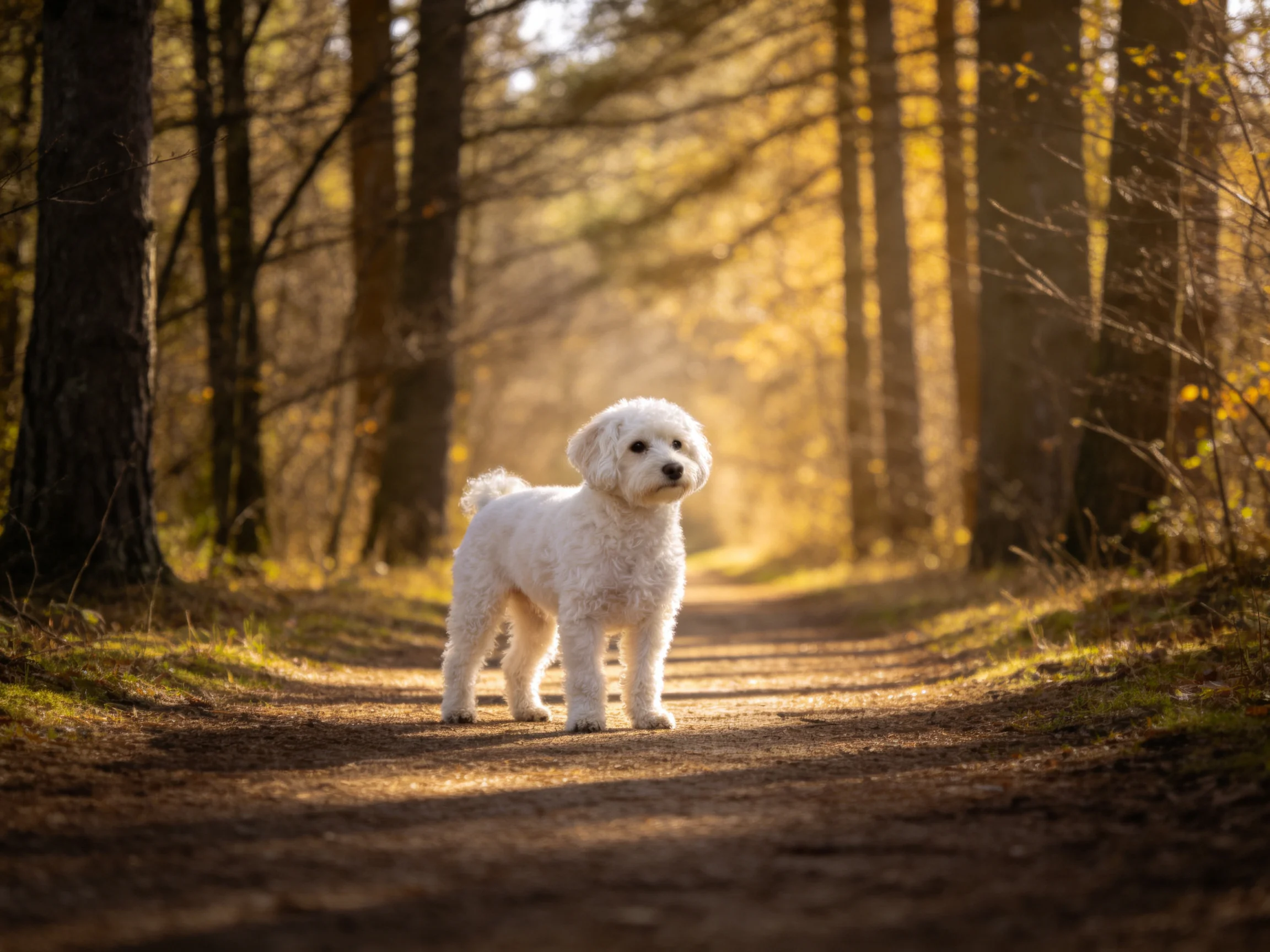 A small white dog stands on a sunlit forest path.