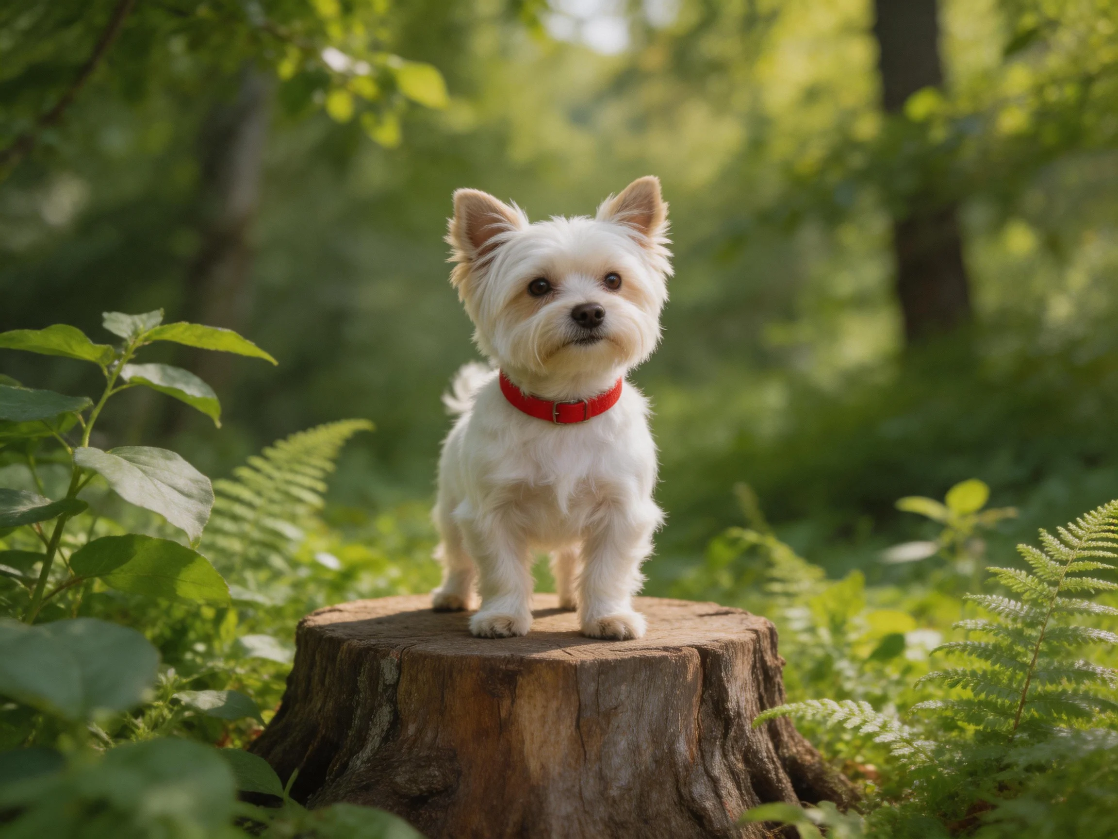 A small white dog stands on a tree stump in a sunlit forest.