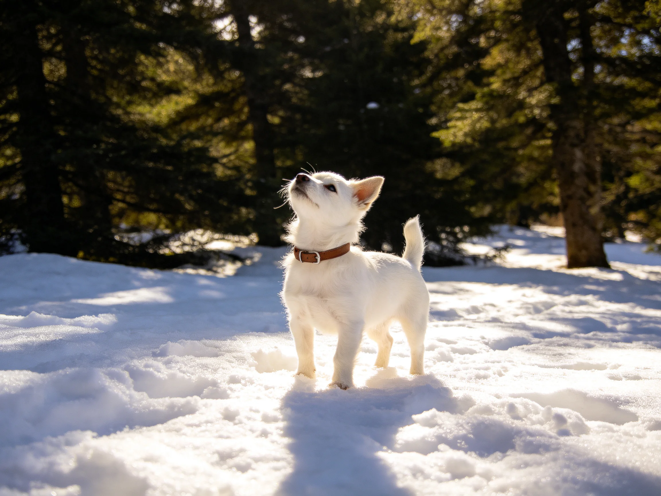 A small white dog looks upward while standing on glistening snow in a wooded area.