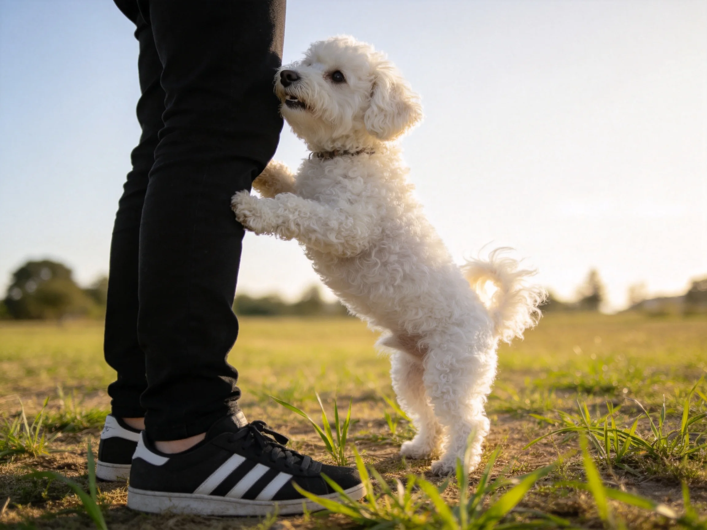 A small white dog stands on hind legs near a person in a grassy field