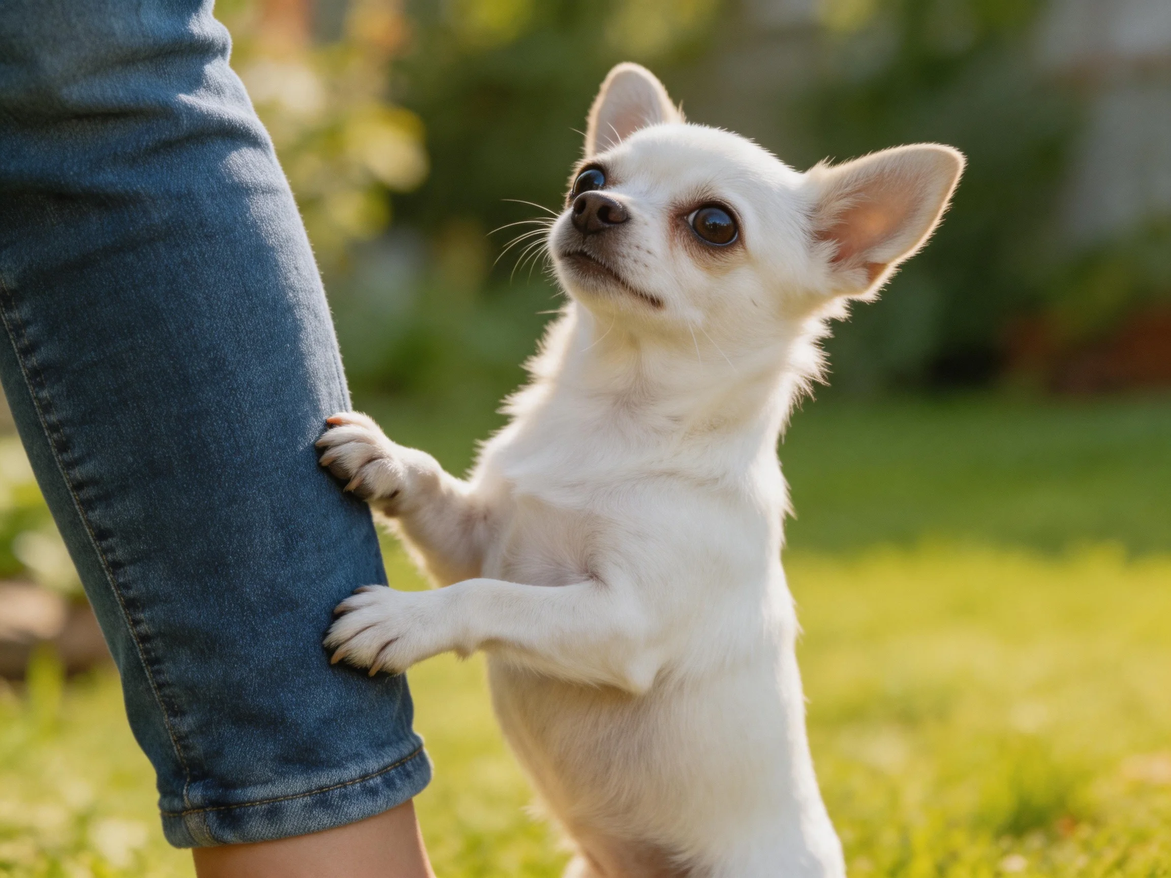 A small white dog stands on hind legs next to blue jeans in a sunny garden