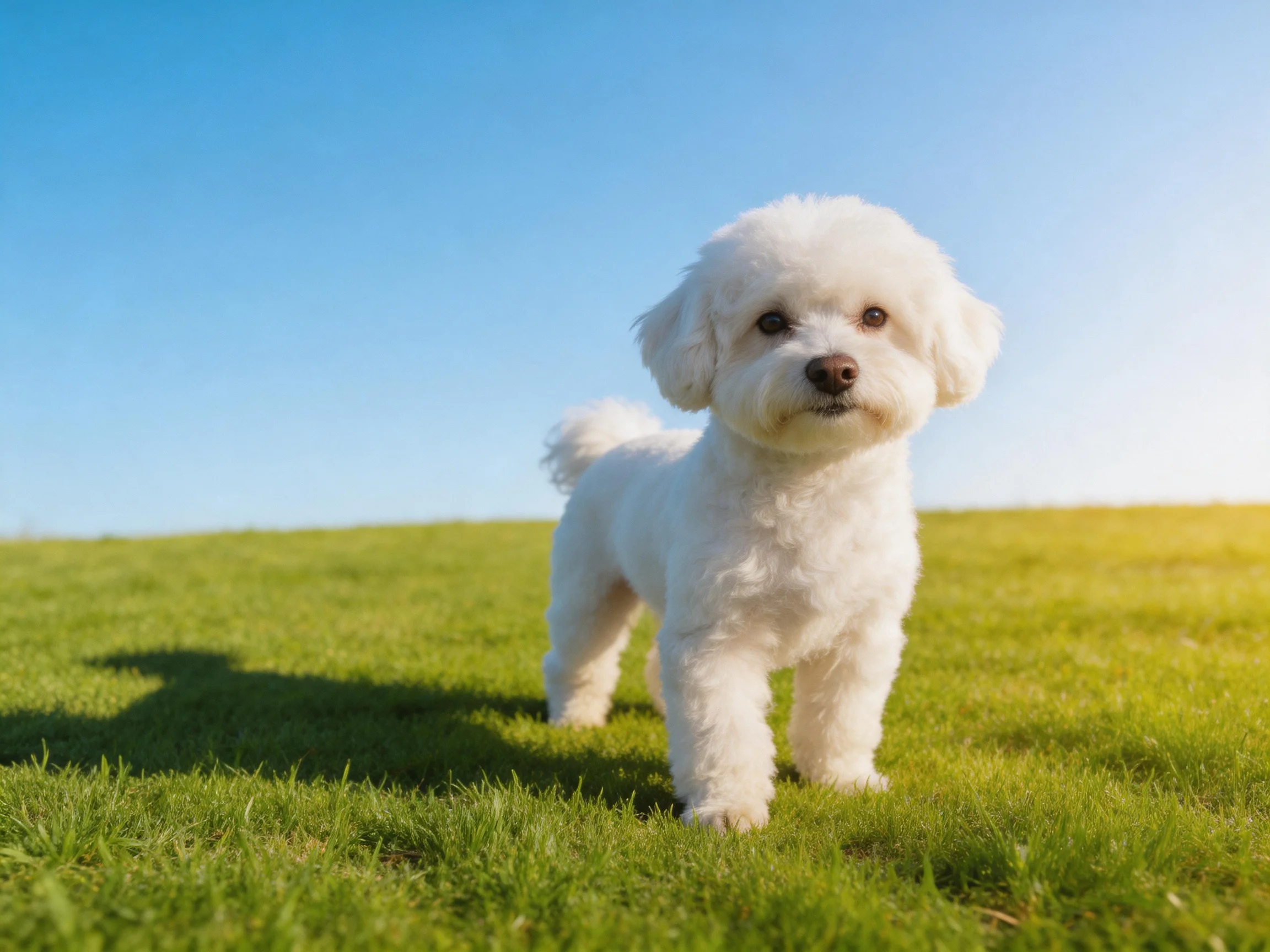 A small white dog stands on green grass in an open field.