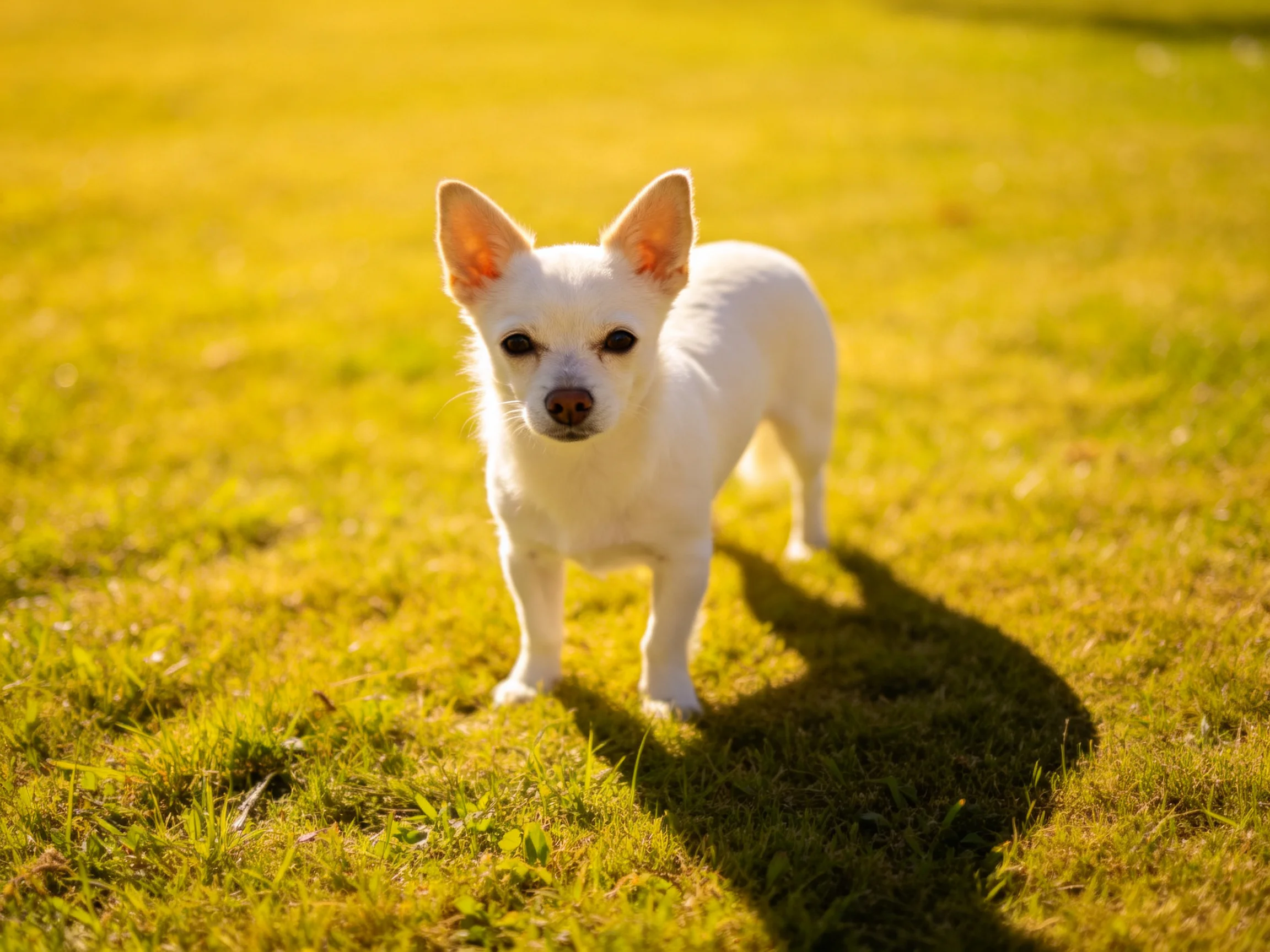 A small white dog stands on sunlit green grass in a sunny field