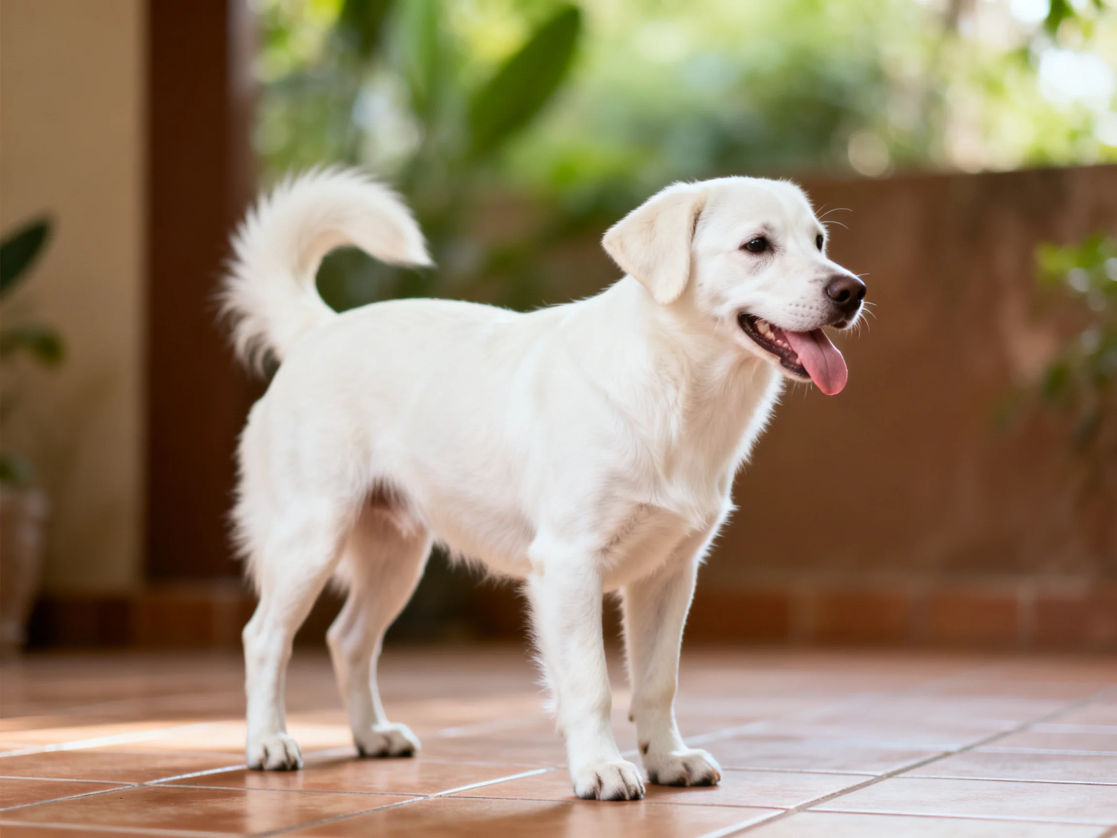 A small white dog stands on tiled flooring in a sunlit area.