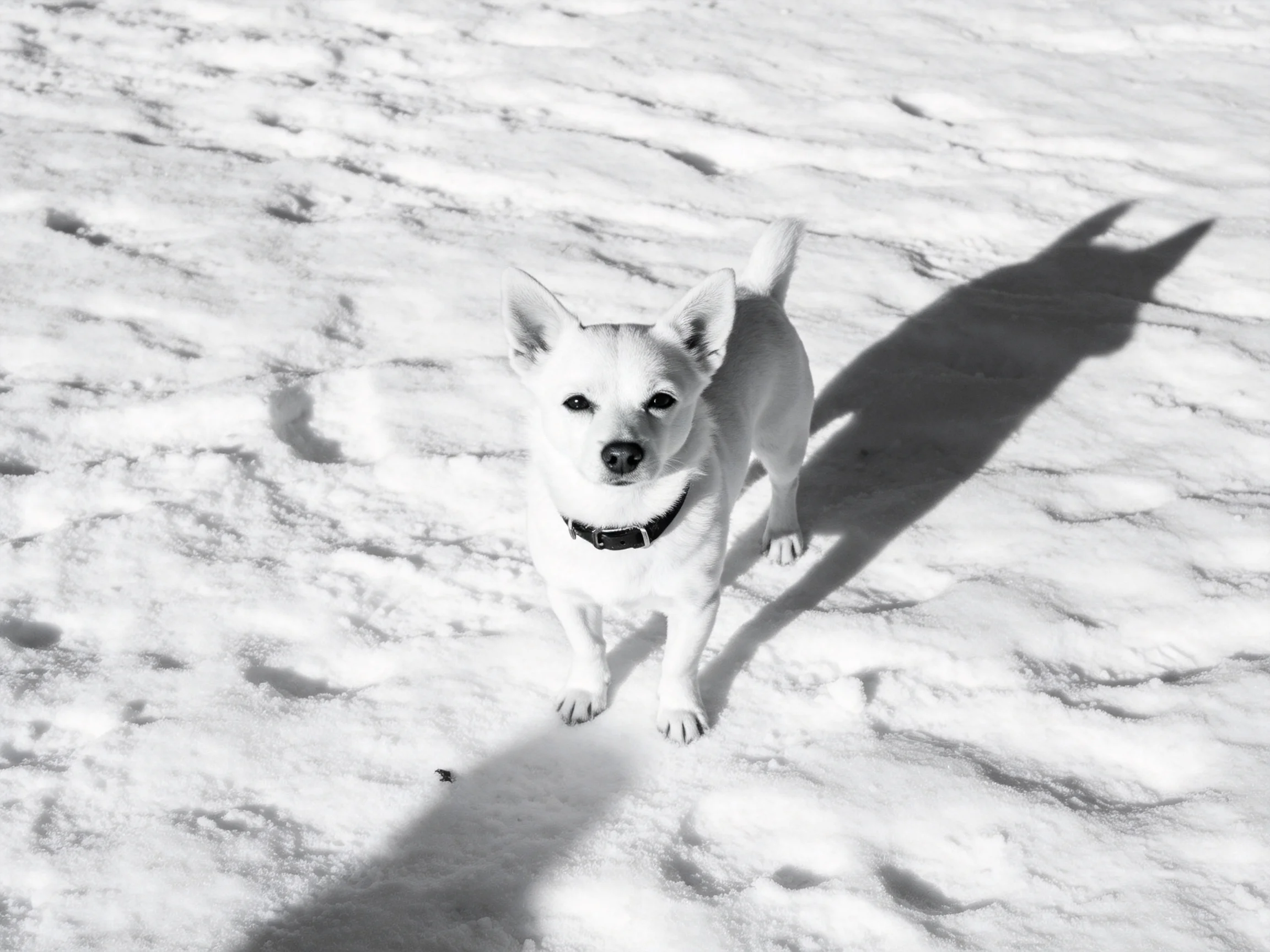 A small white dog stands on textured snow with prominent shadows