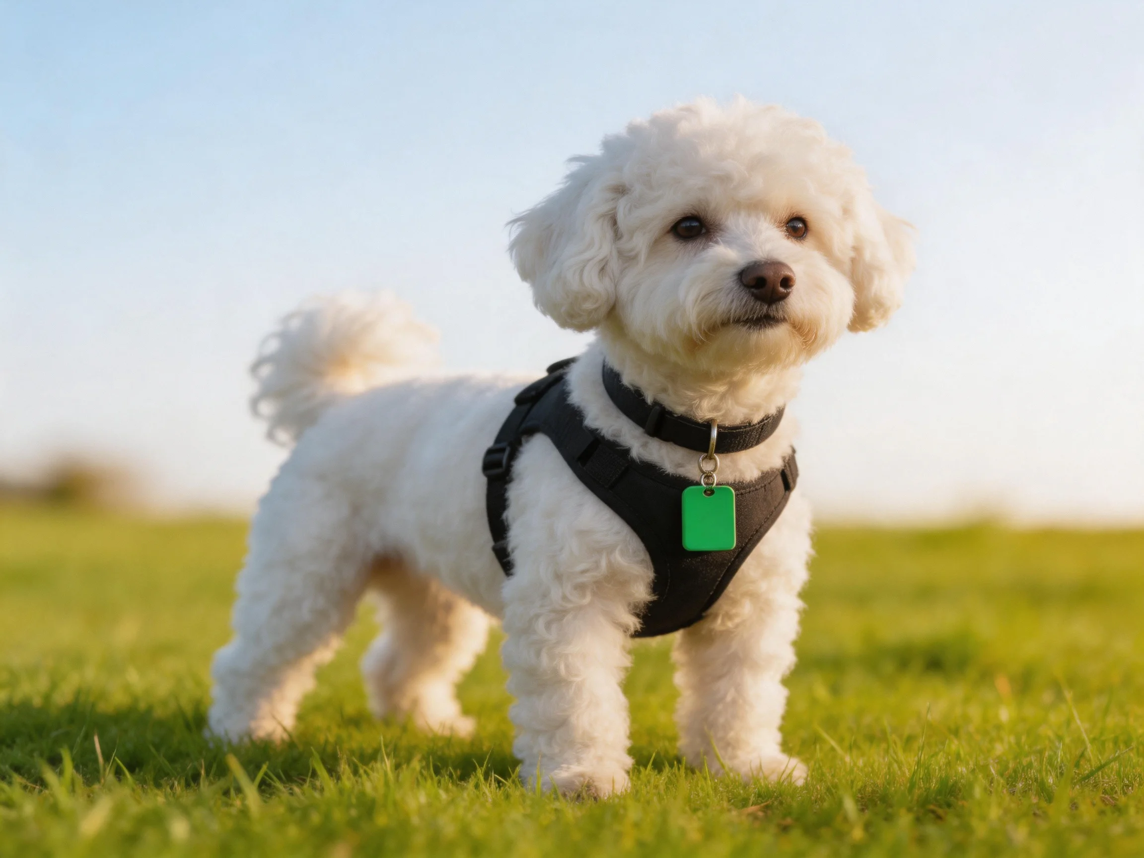 A small white dog in a black harness stands on a grassy field.