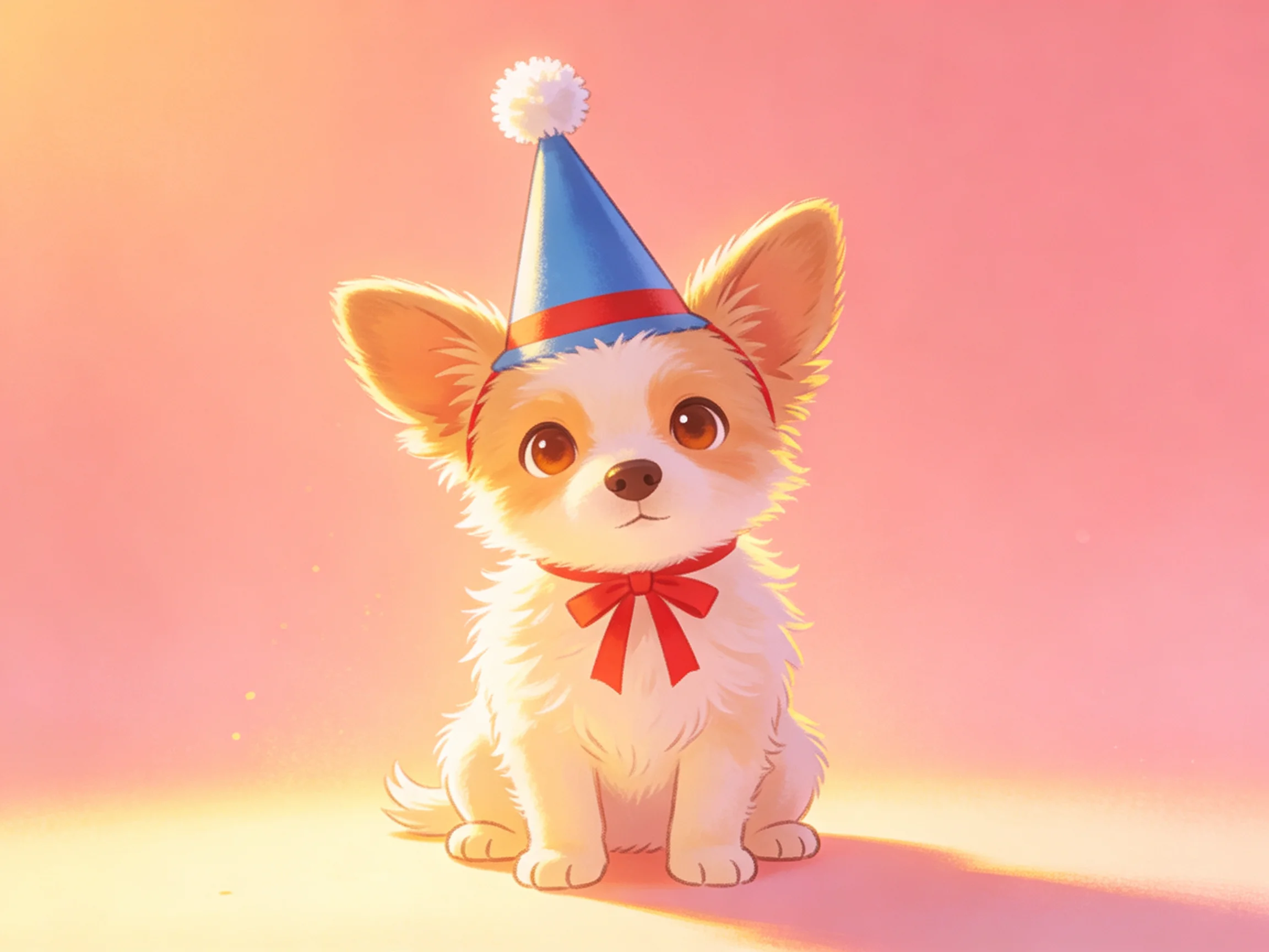 A small white dog with a blue party hat and red bow sits against a pink background.