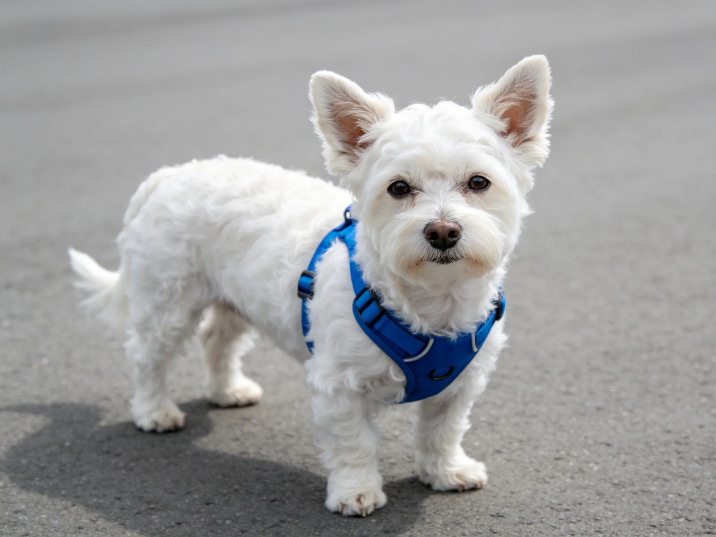 A small white dog wearing a bright blue harness stands on pavement