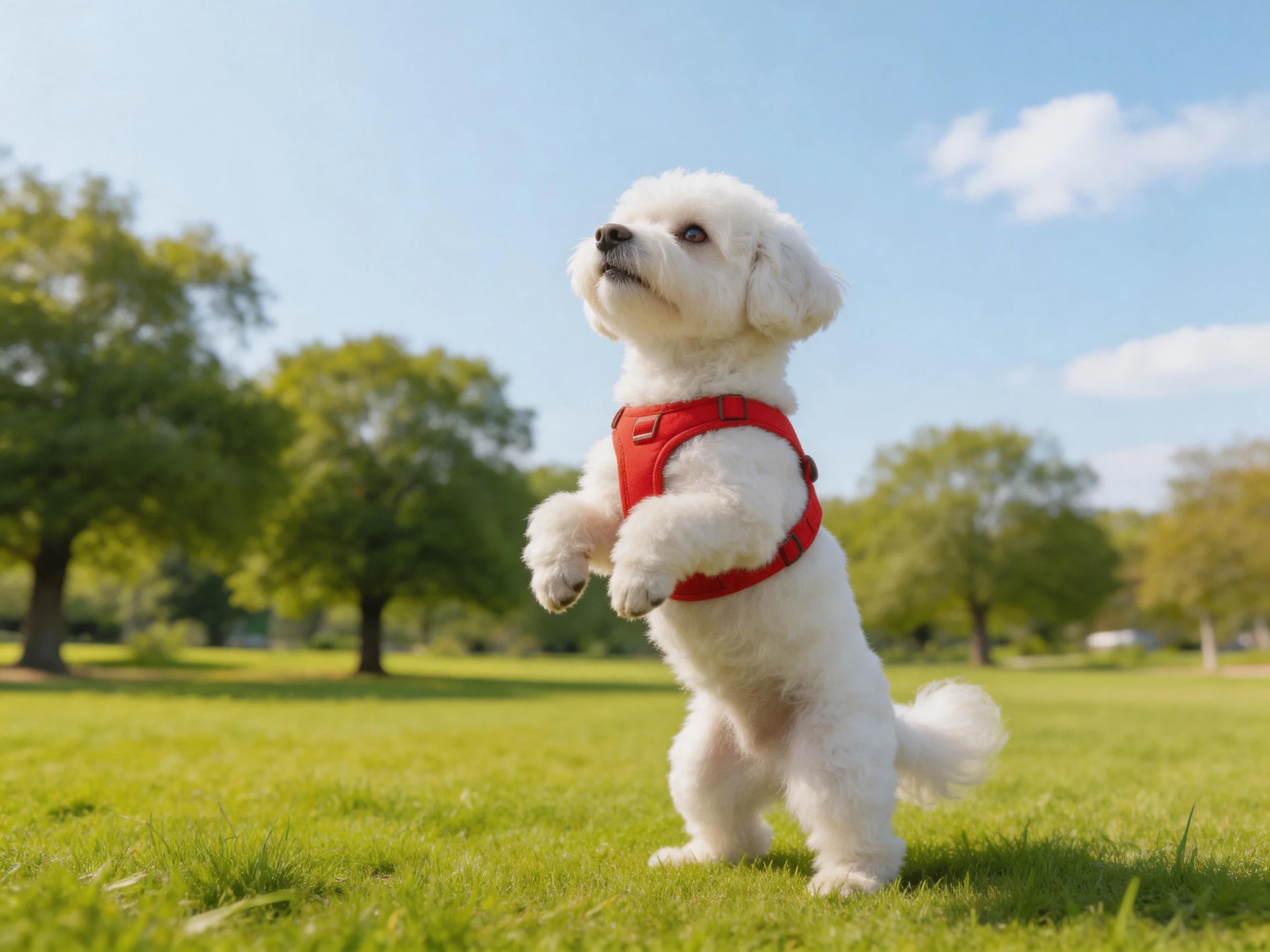 A small white dog wearing a bright red harness stands in a sunny park
